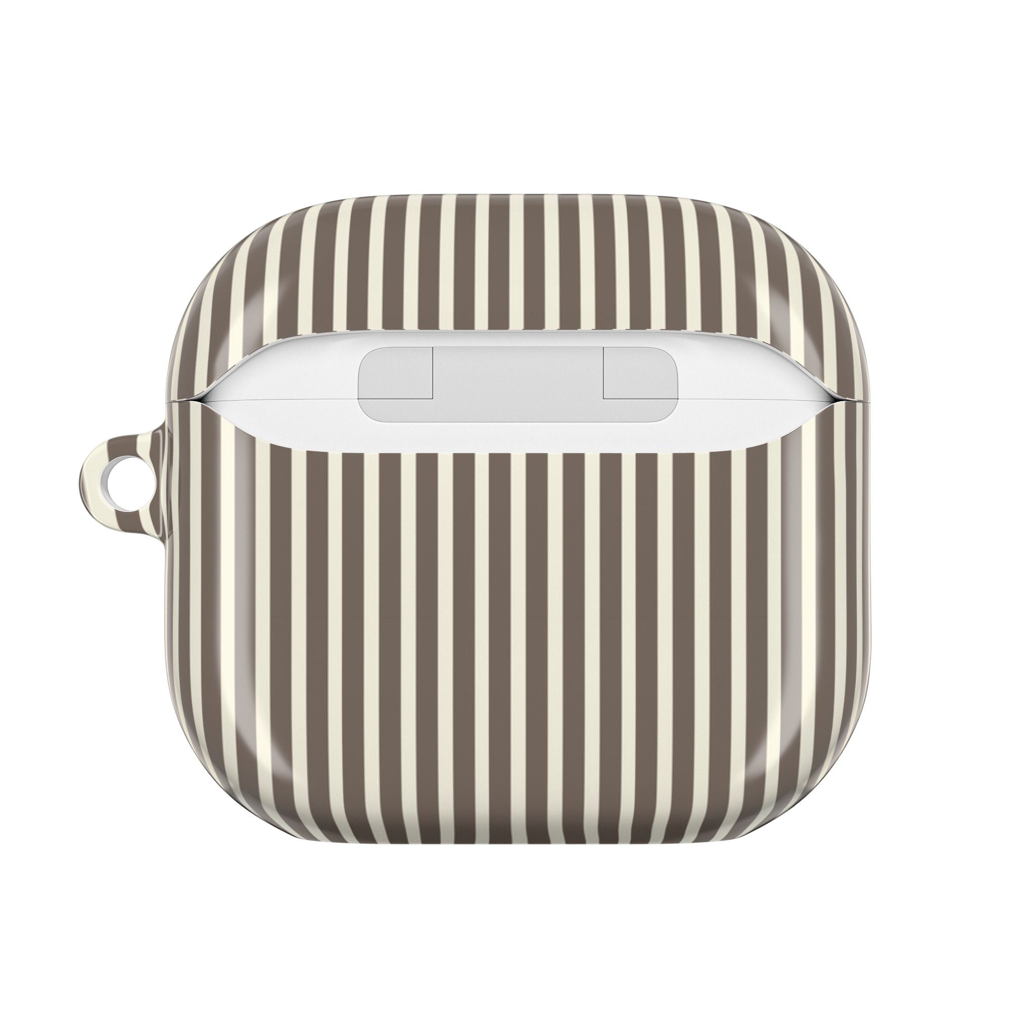 Brown-and-cream striped AirPods case with teddy bear patch on front