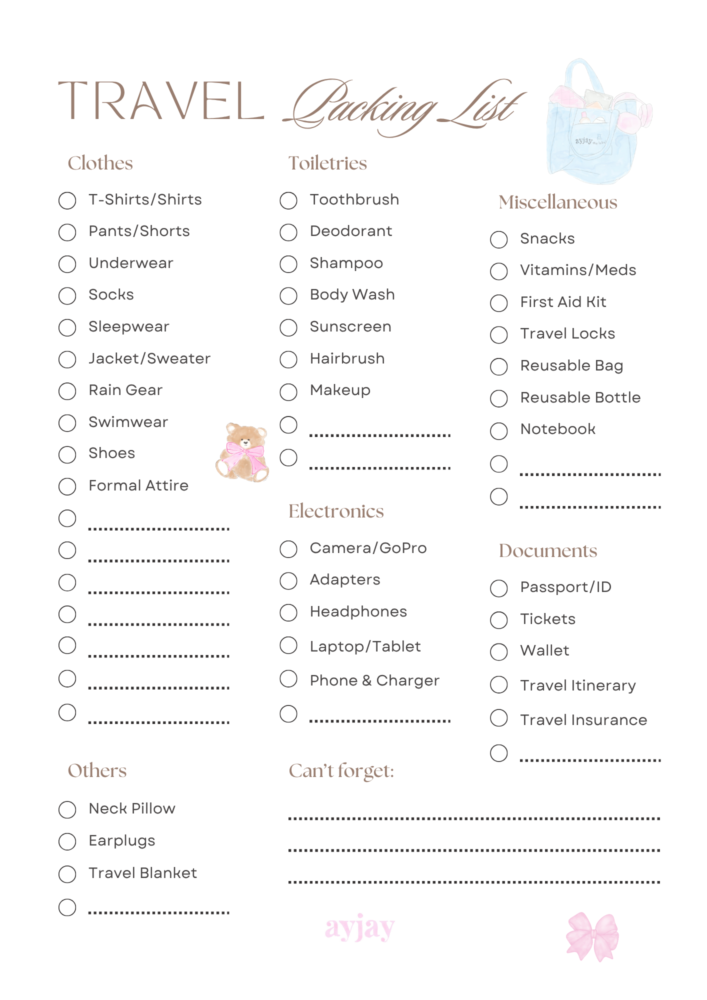 AYJAY TRAVEL PACKING LIST