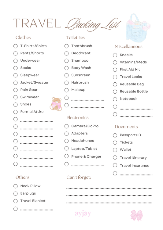 AYJAY TRAVEL PACKING LIST