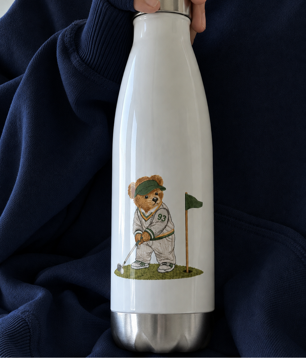 Stainless steel water bottle with white body and teddy bear golfer graphic
