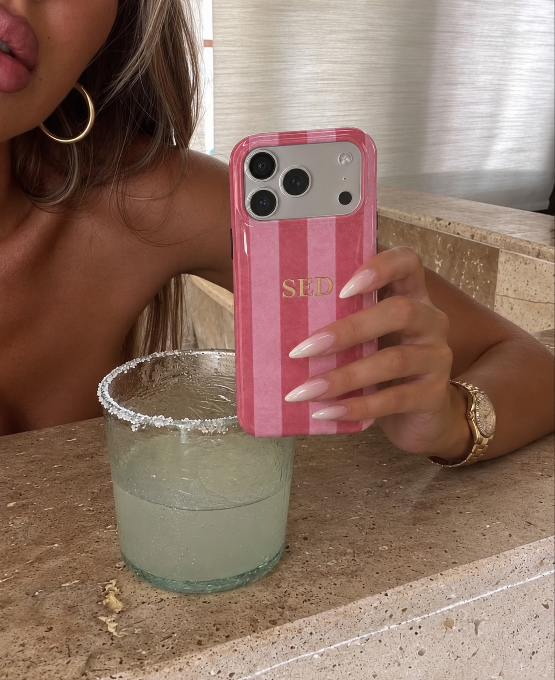 Pink striped phone case with custom initials SED, camera cutouts