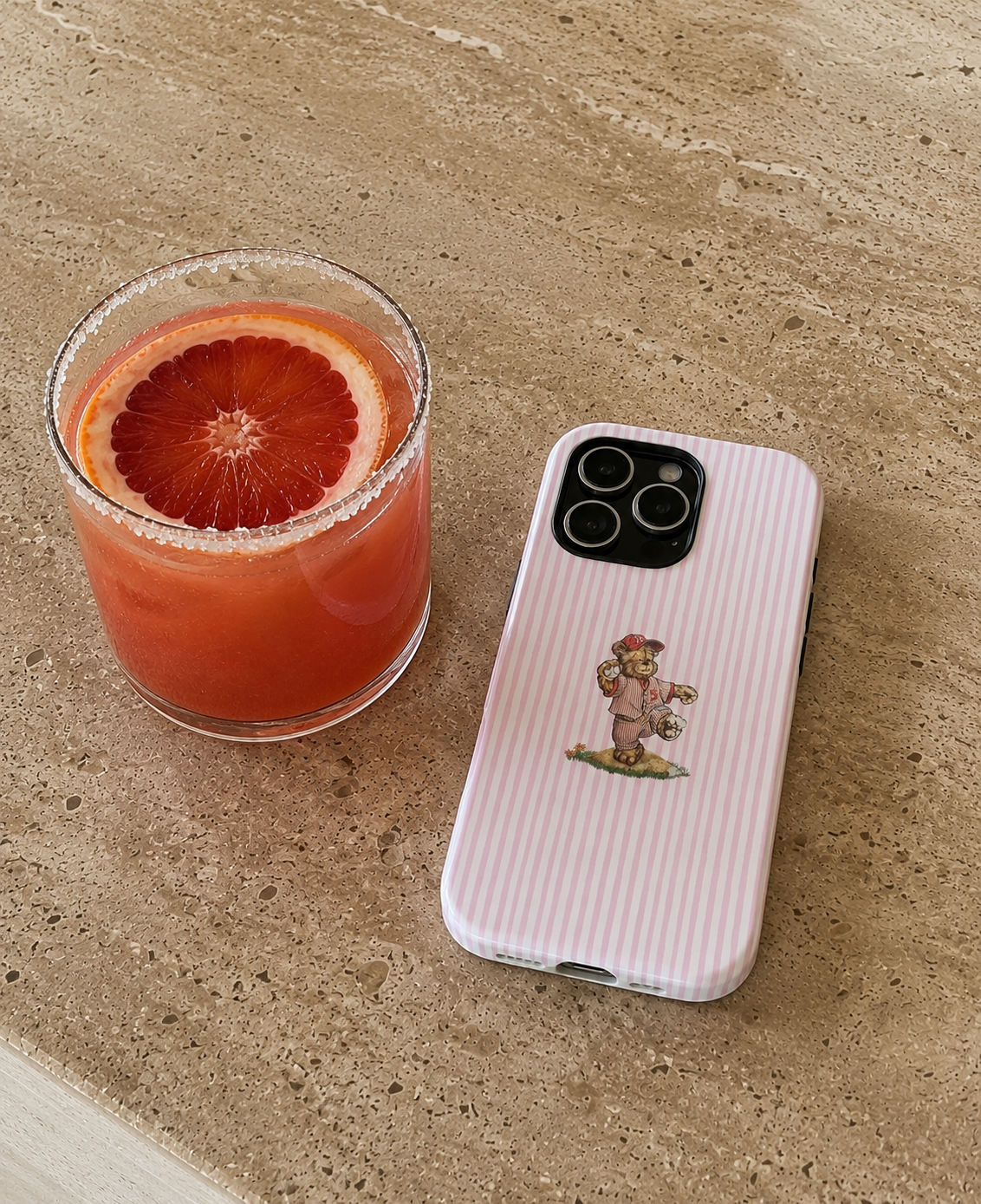 Pink striped teddy bear baseball phone case with bear-and-bat graphic