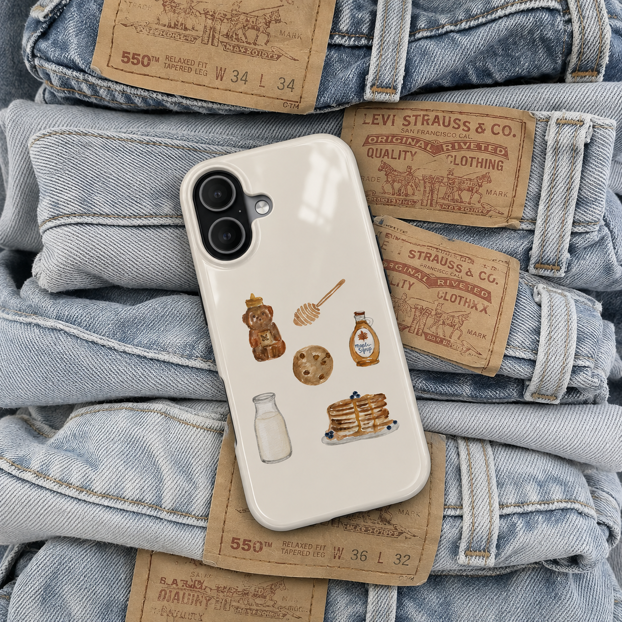 White phone case with food and drink graphics, camera cutout and raised edges