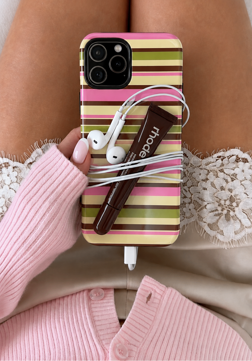 Pink-and-green horizontal striped phone case with camera cutouts