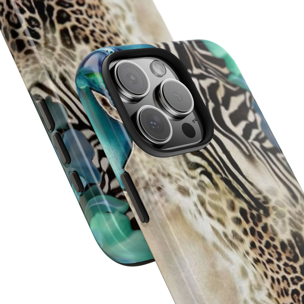 Phone case corner close-up with leopard-zebra pattern and teal flower near camera cutout