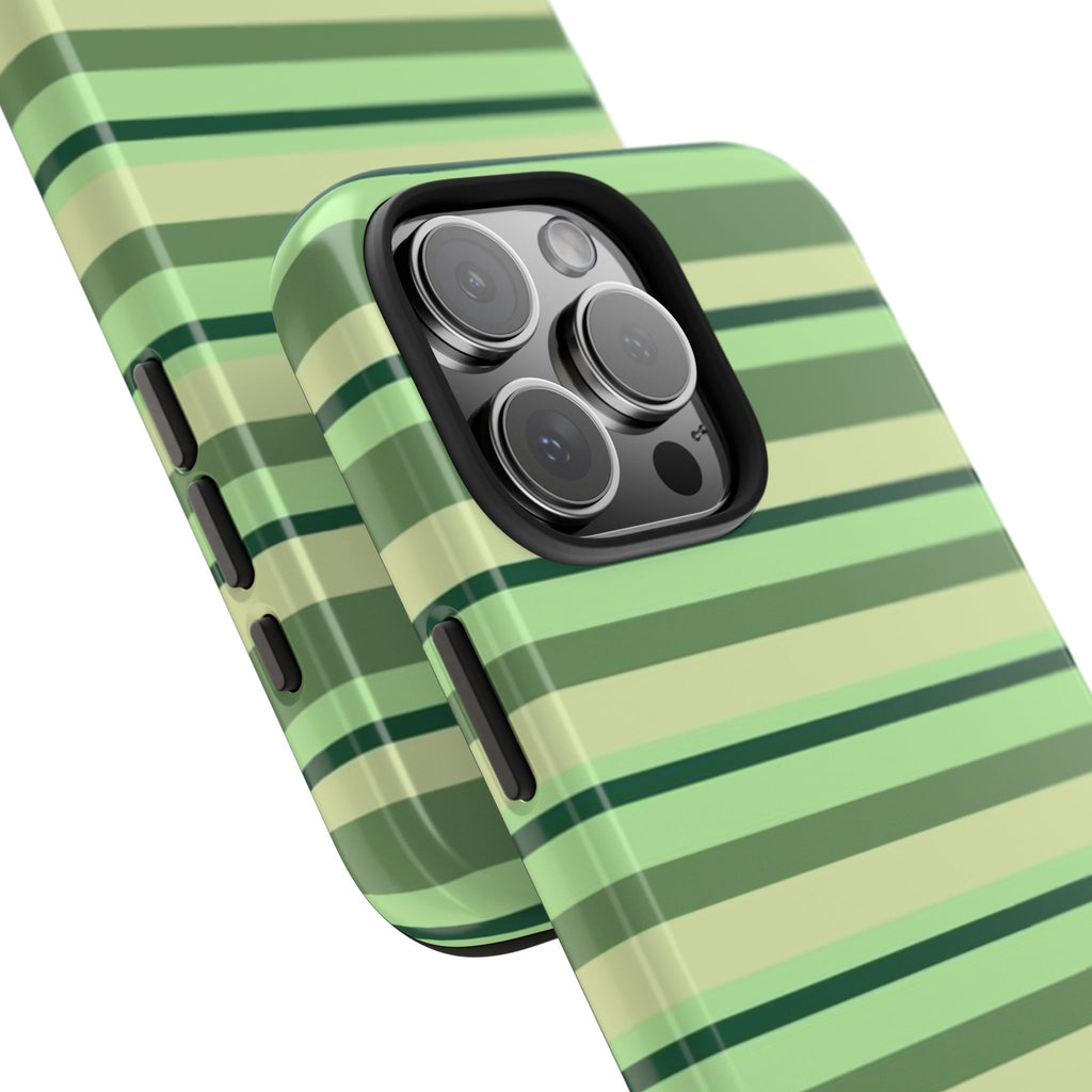 Avocado green striped phone case camera close-up with lens cutouts