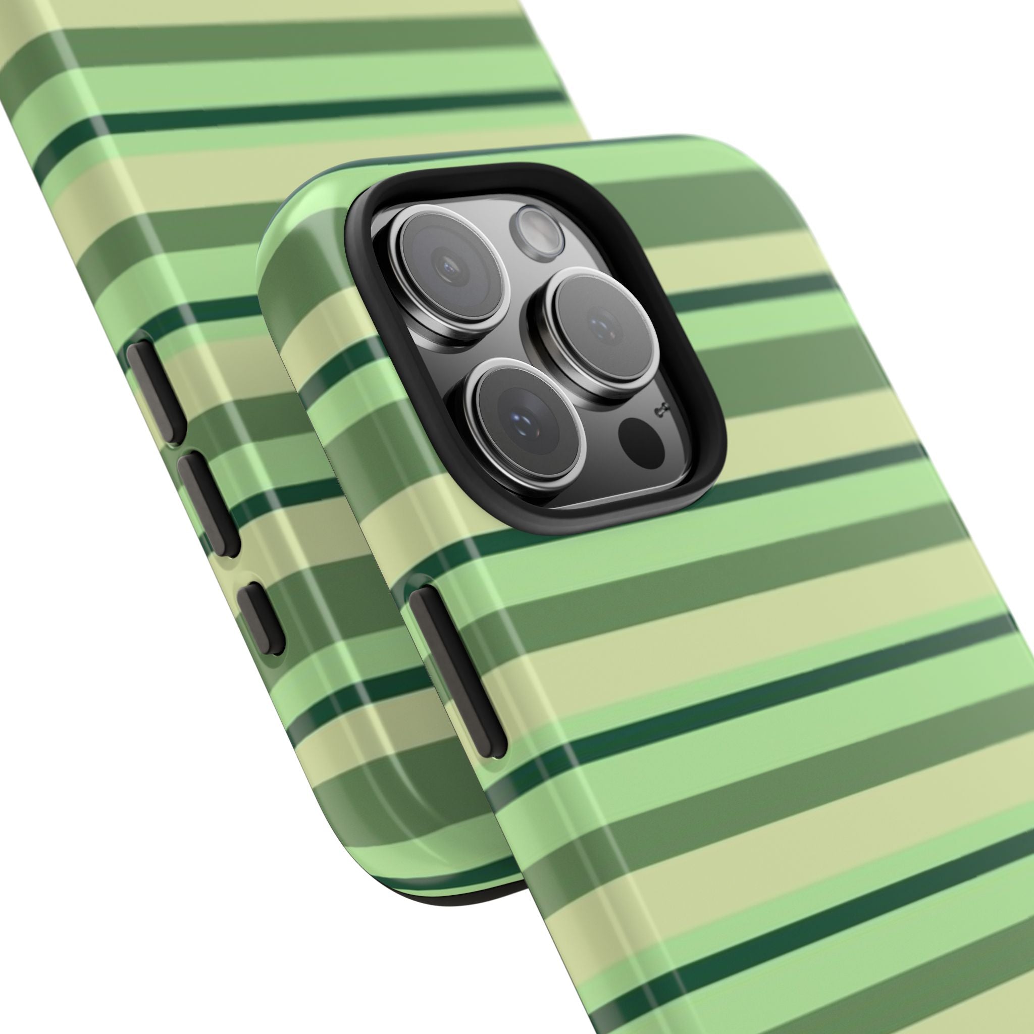 Avocado green striped phone case camera close-up with lens cutouts