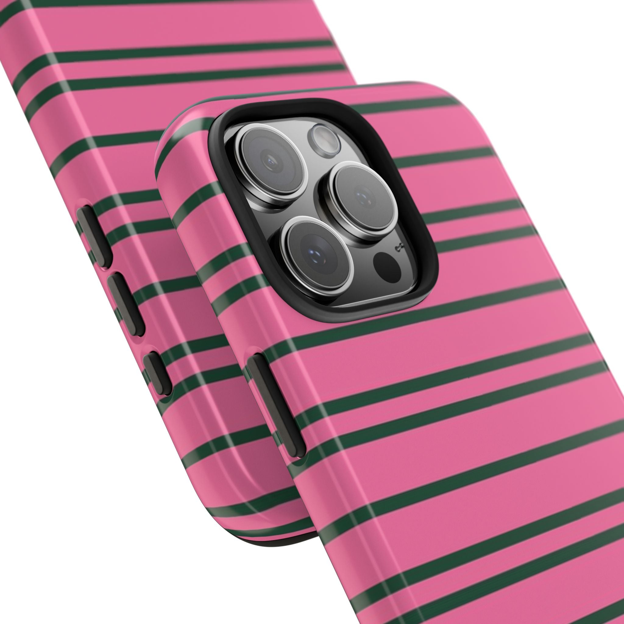 Pink striped phone case, diagonal view; dark green bands and camera bump cutout