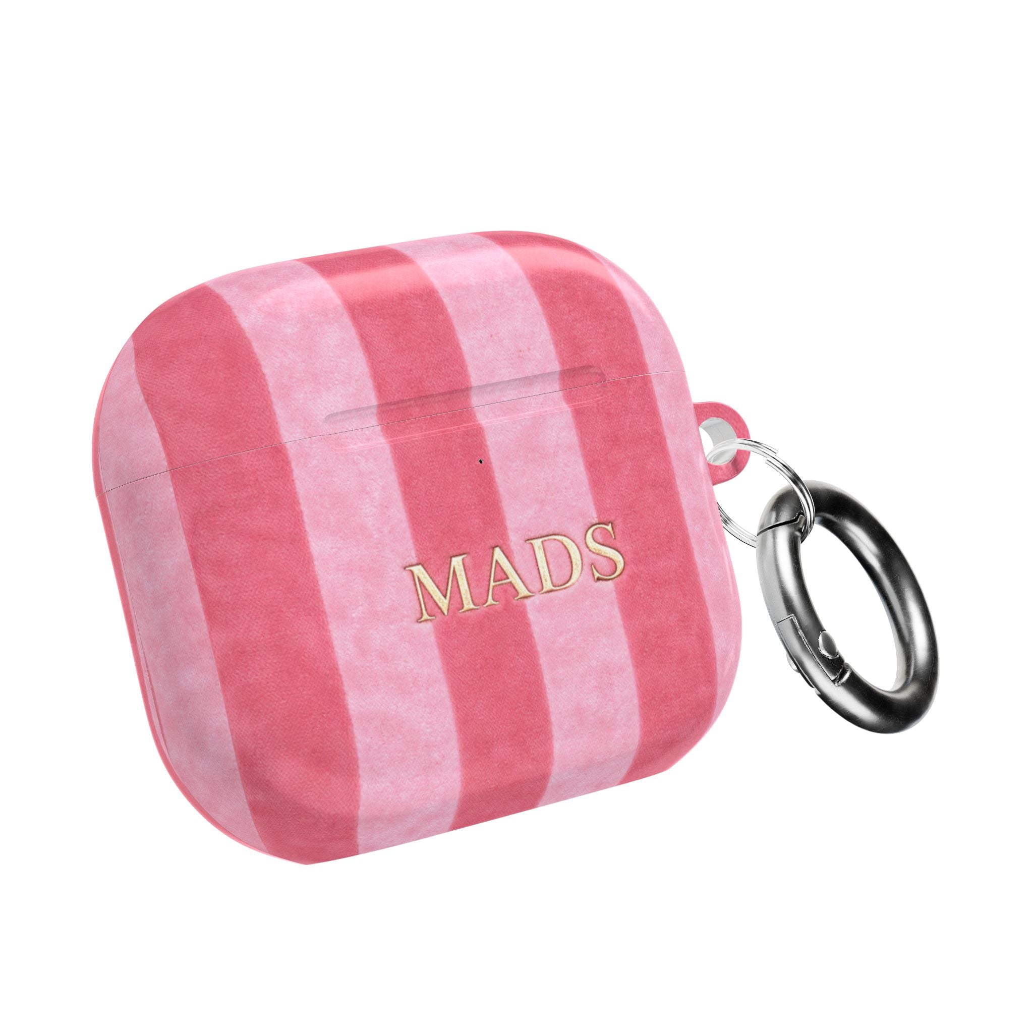 Pink velvet AirPods case with plaid stripes, “MADS” print, and metal key ring clip.
