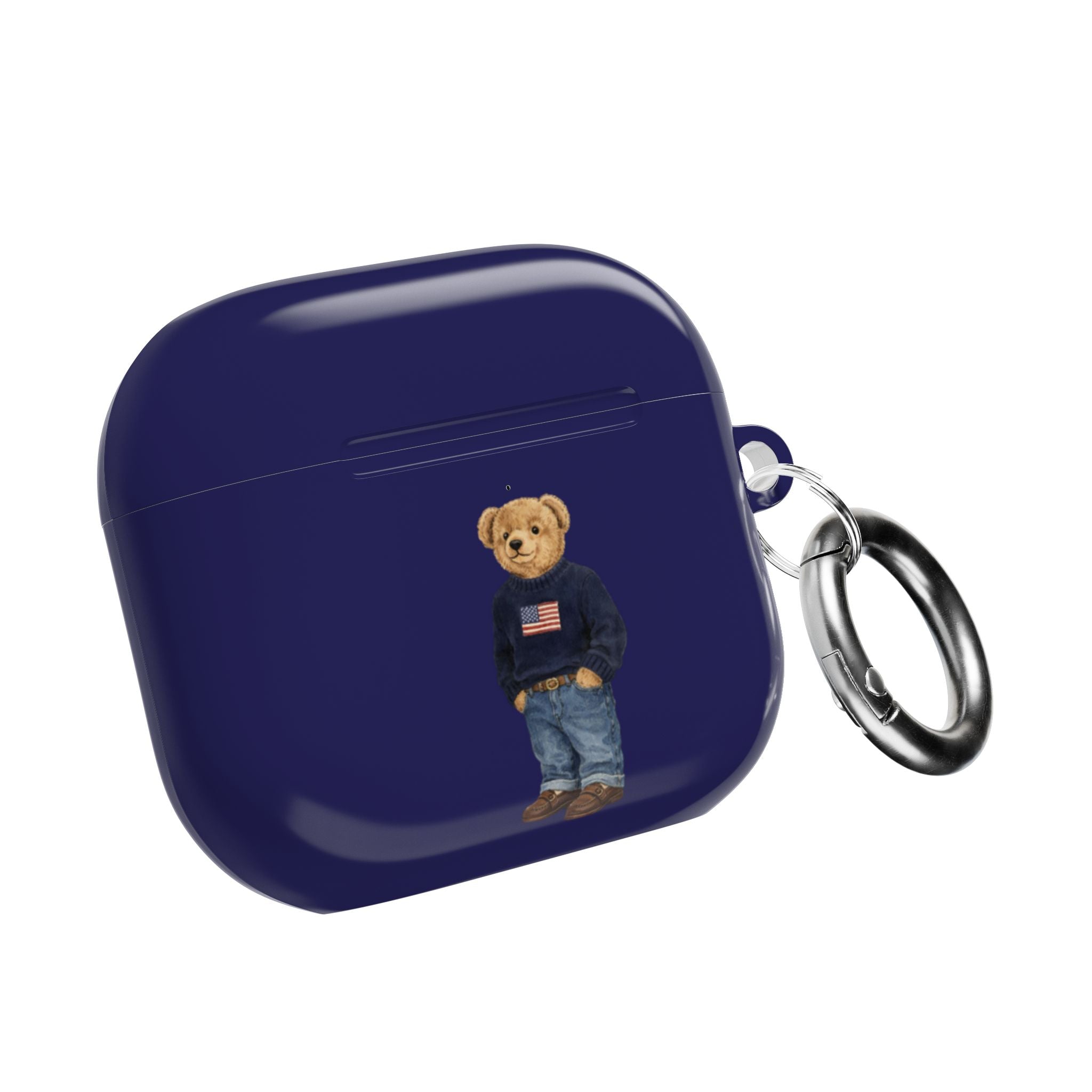 Navy blue AirPods case with teddy bear graphic and metal key ring