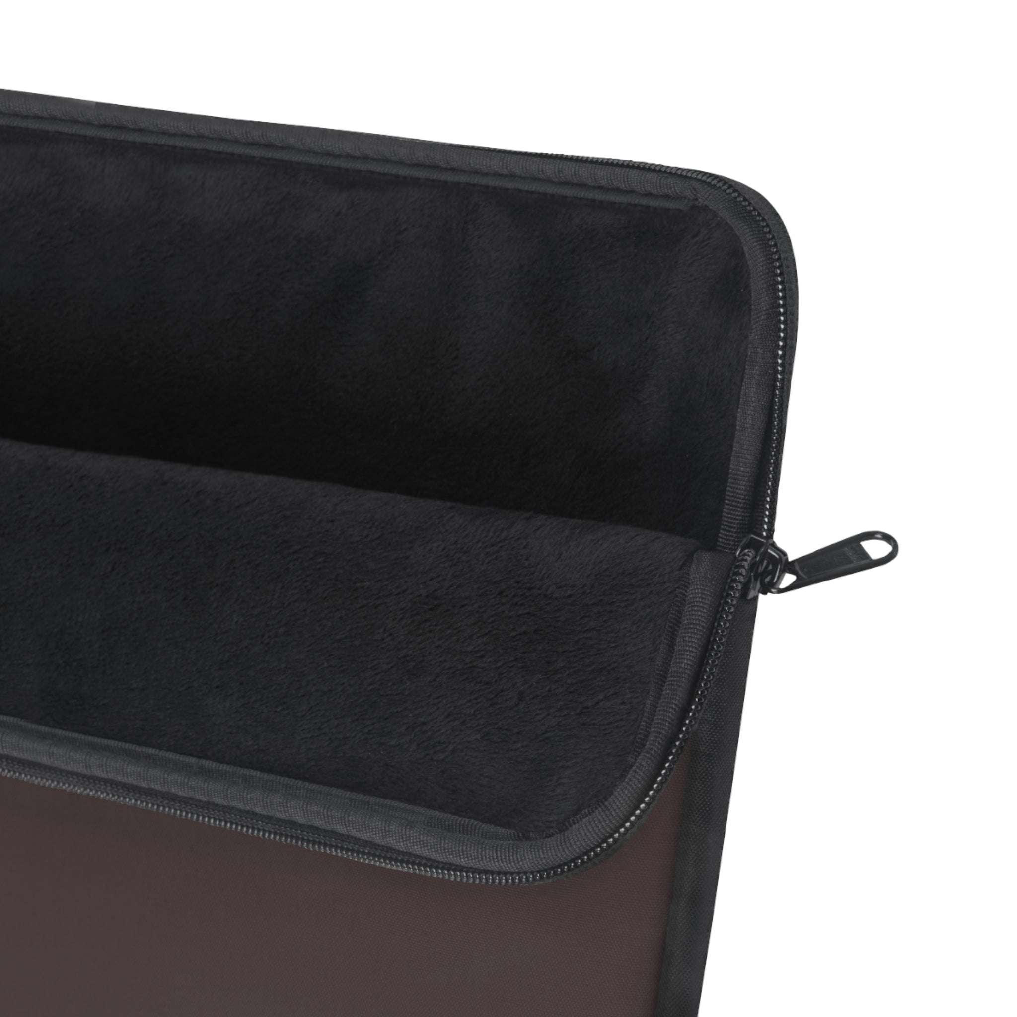 Brown neoprene laptop sleeve interior with zipper track and loop pull.