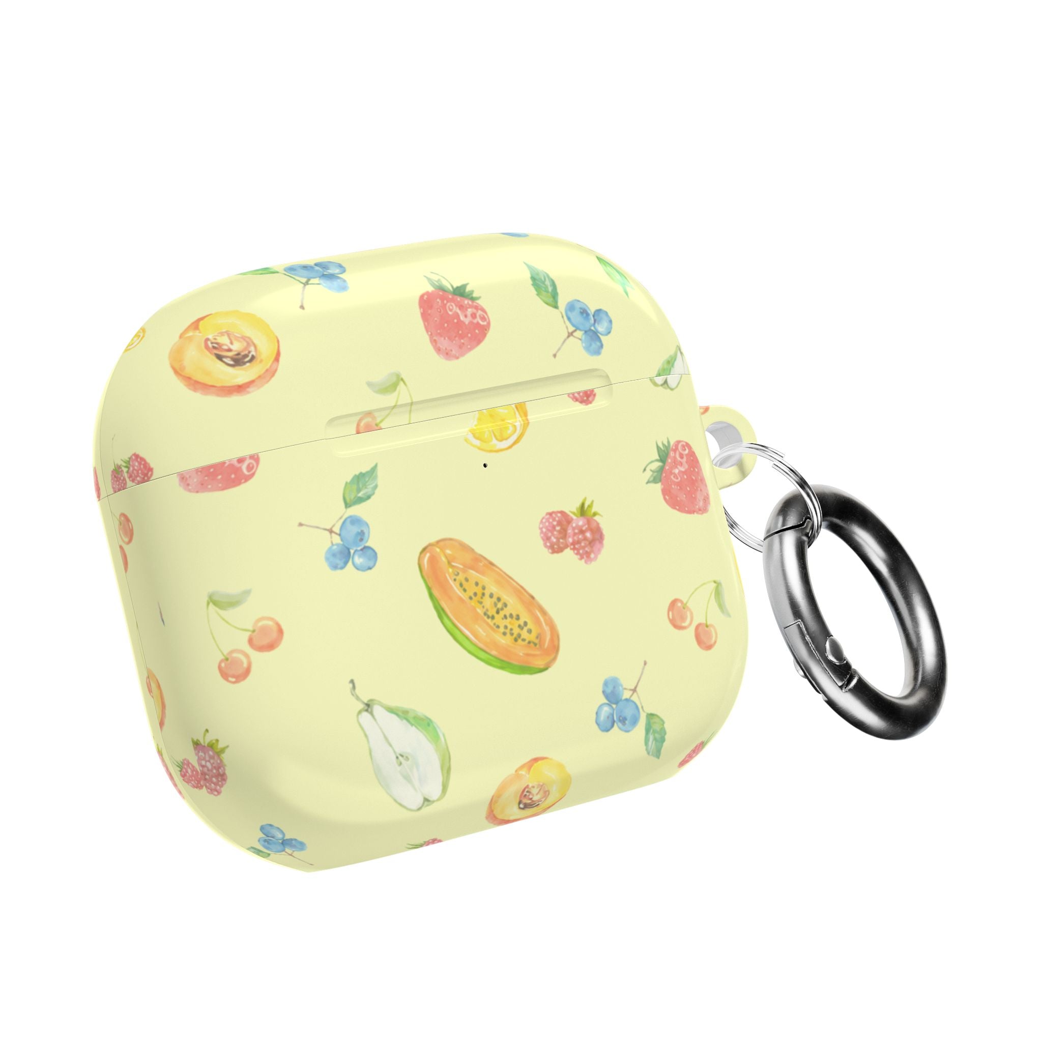 AirPods case with yellow fruit pattern, closed lid, metal key ring attached.