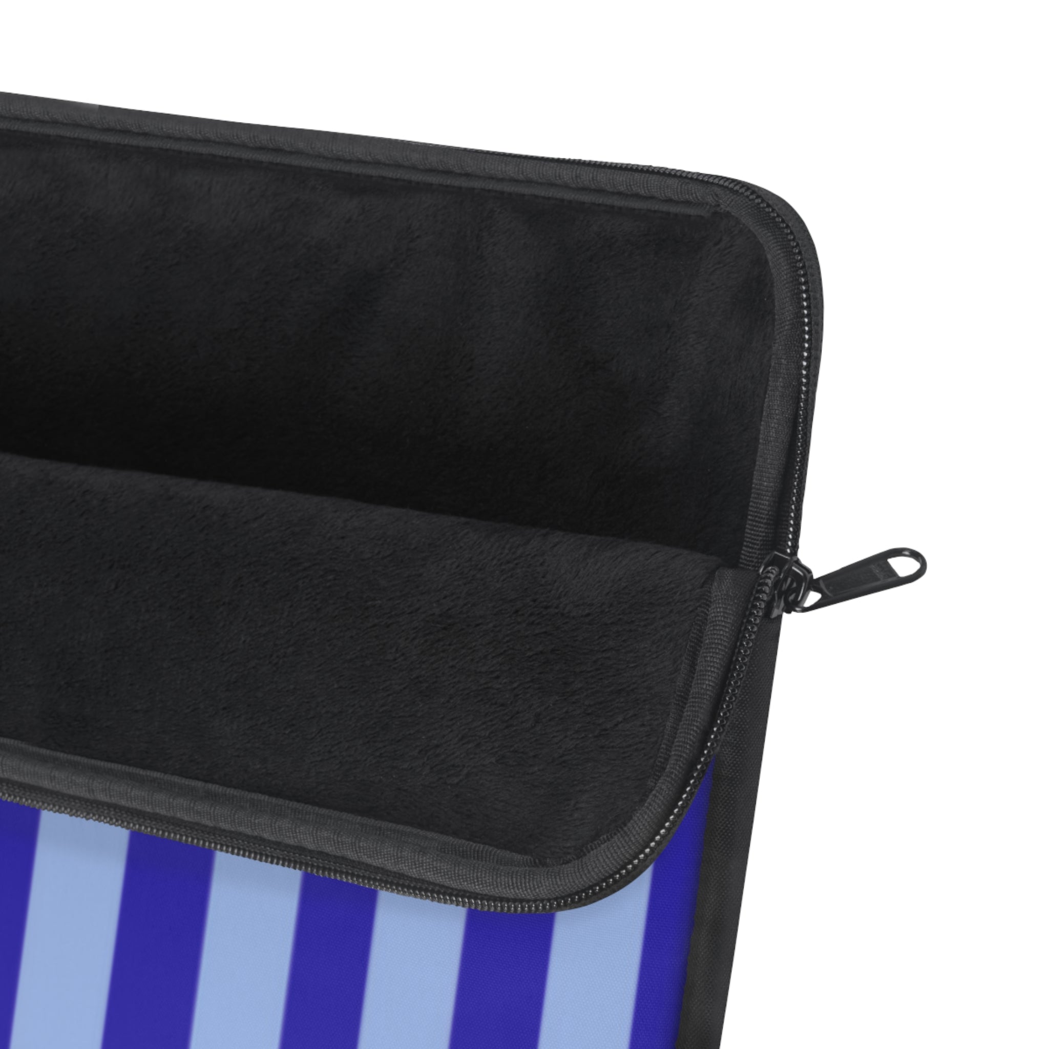 Black interior neoprene sleeve corner with zipper, framed by blue-and-white stripes