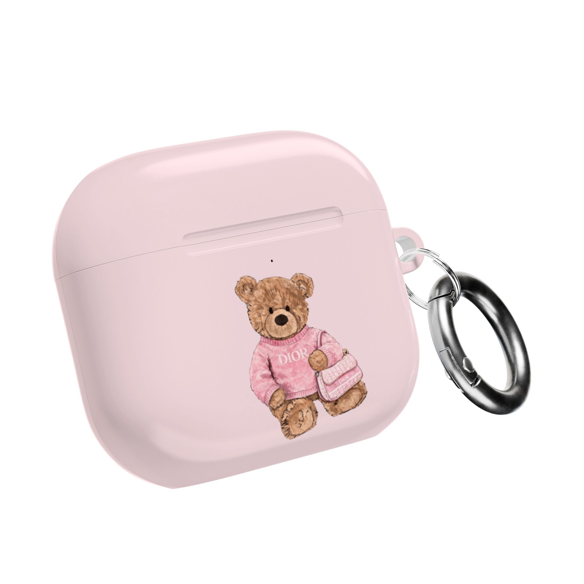 Baby pink Dior AirPods case with teddy bear graphic and metal key ring
