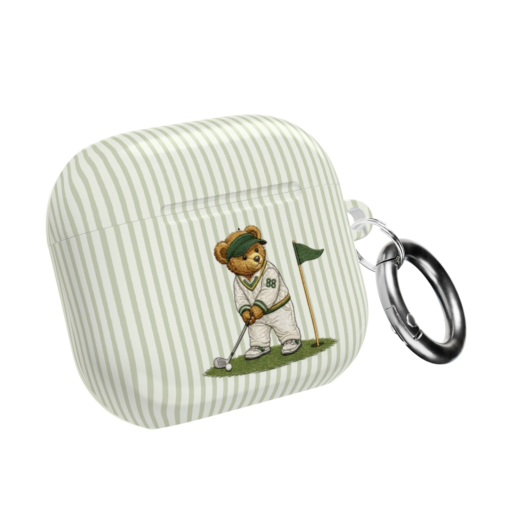 Green striped AirPods case with teddy golfer patch, lanyard ring attached and closed lid