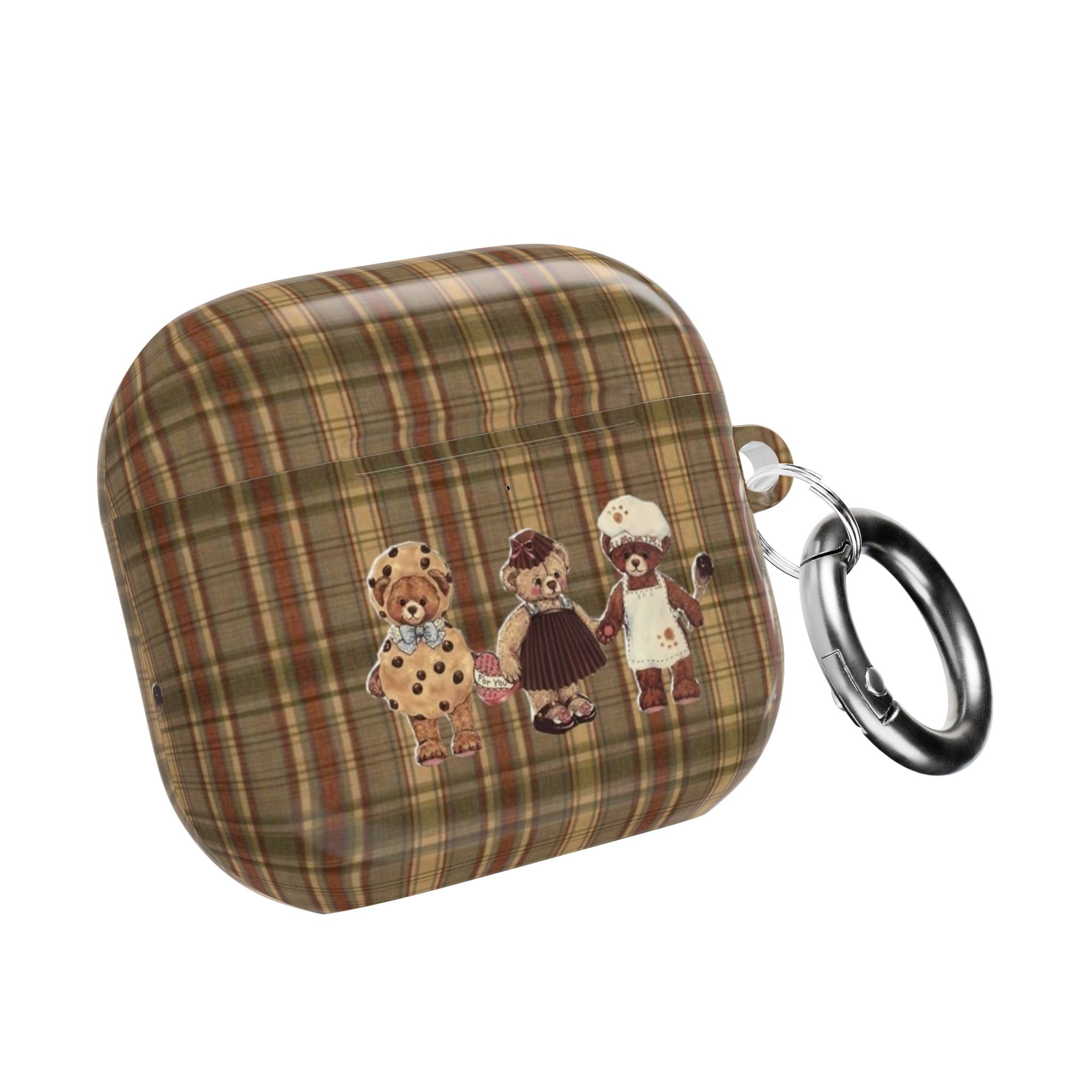 Brown plaid AirPods case with teddy bear appliques and metal keyring