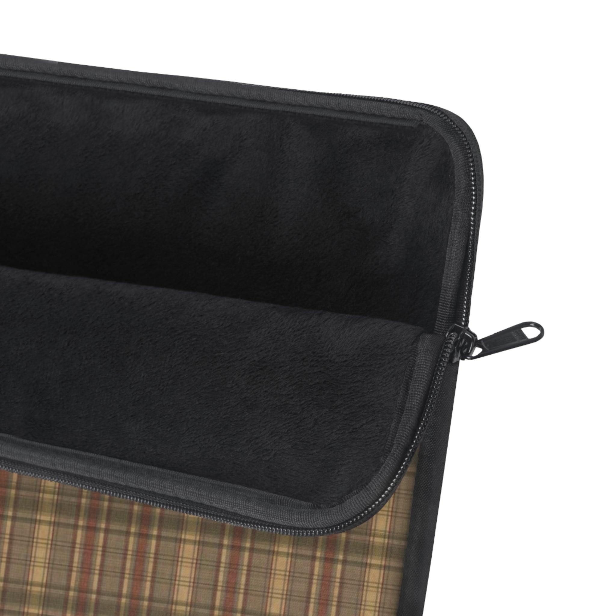 Neoprene sleeve with black interior lining, zip edge and brown plaid outer trim.