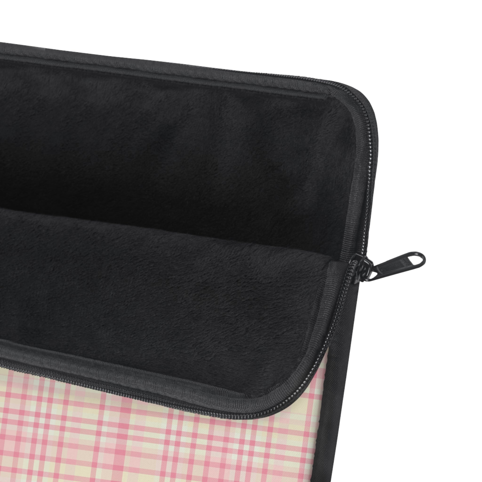 Black-trimmed plaid sleeve with zipper pull on corner, pink-and-cream check