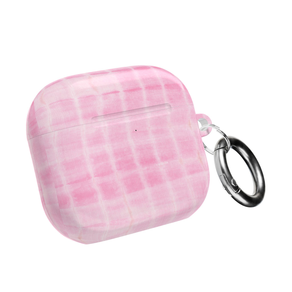AirPod case in baby pink tie-dye, closed shell with metal key ring