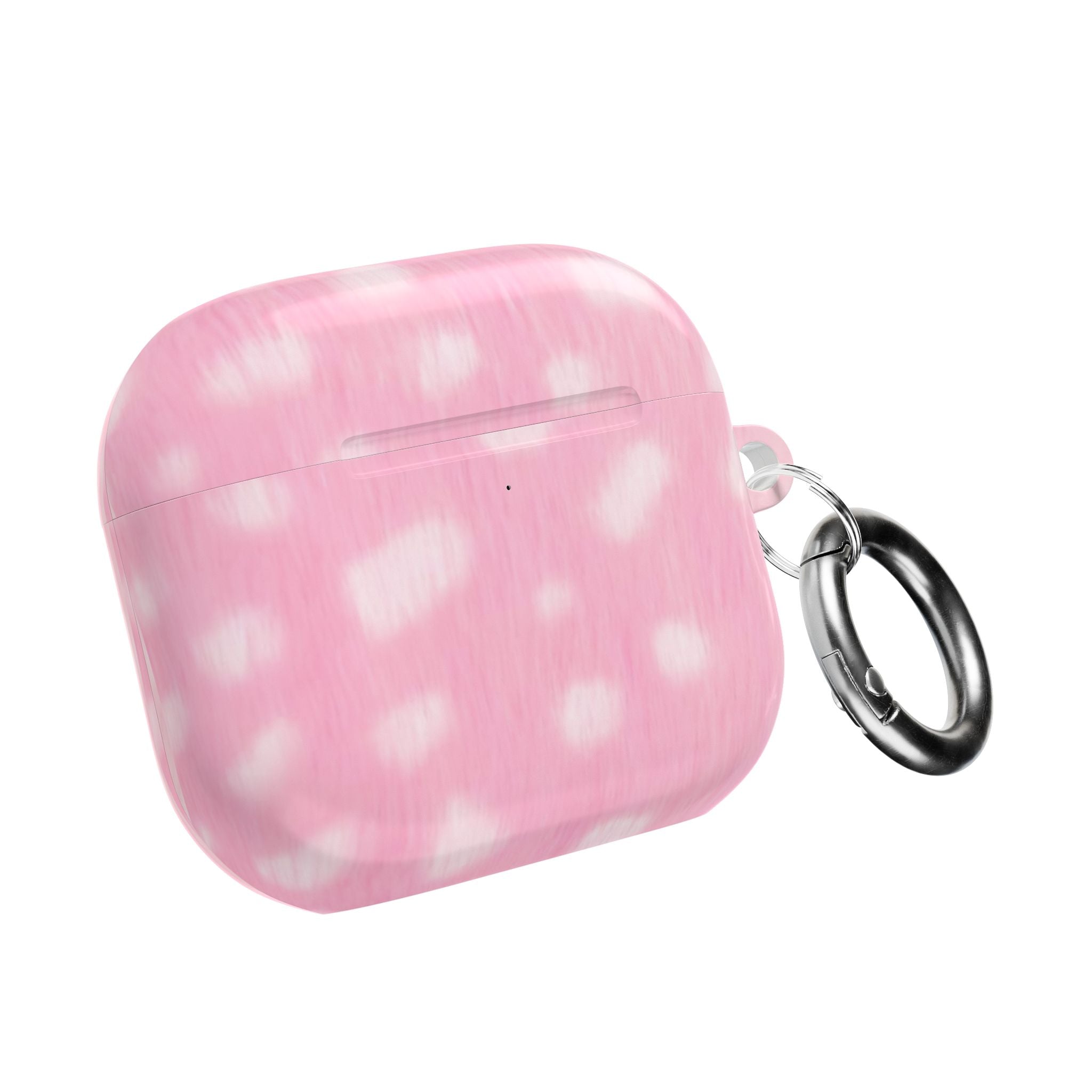 Pink patterned AirPods case with metal keyring on side, closed