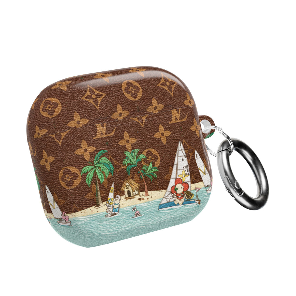 Brown AirPods case with scenic print and metal keyring loop