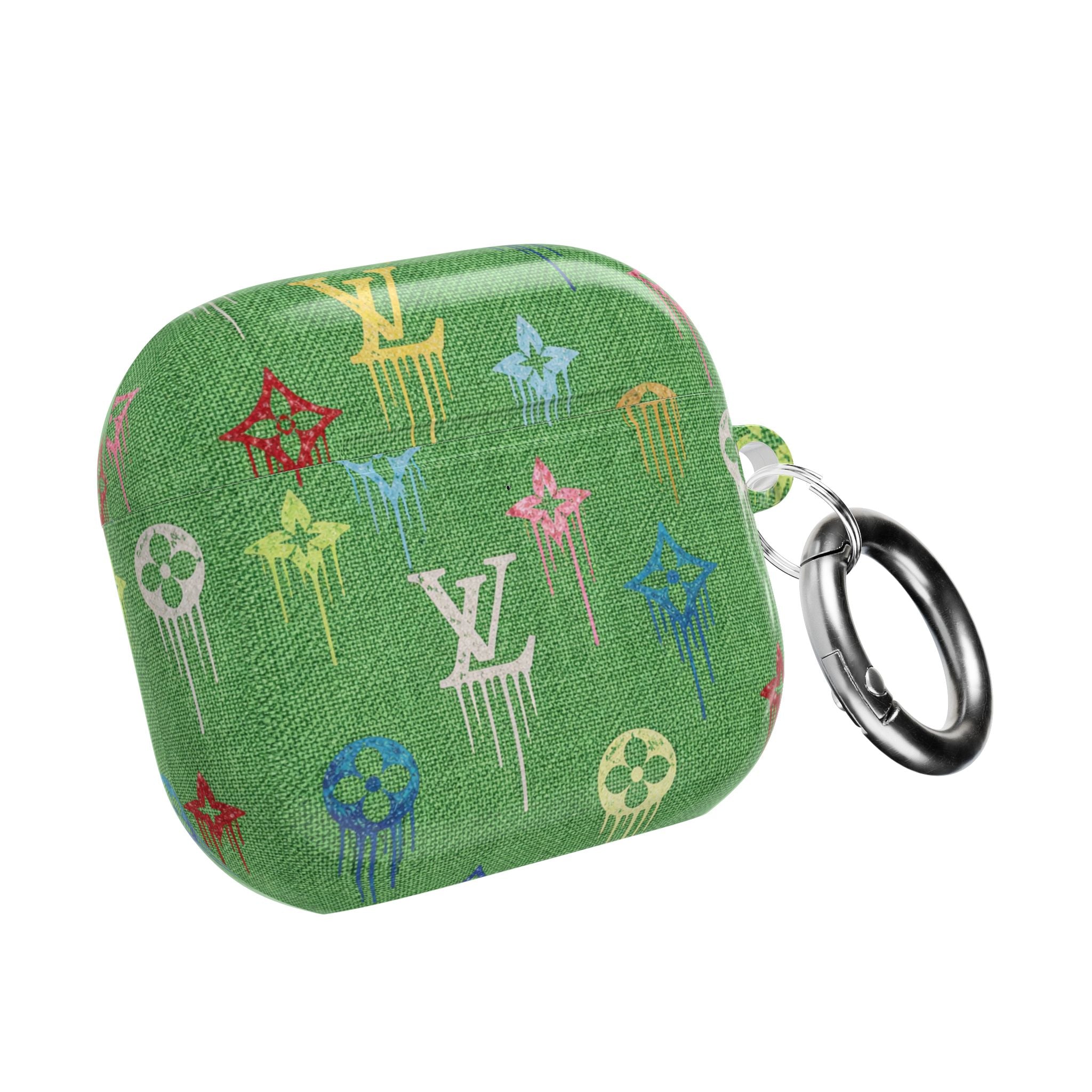Green LV watercolor AirPod case with key ring, closed