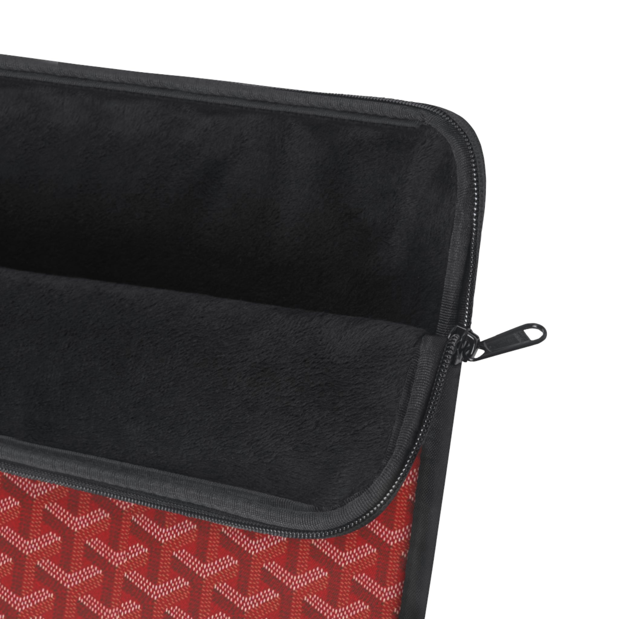 Red Goyard-pattern sleeve with black interior lining and zip closure
