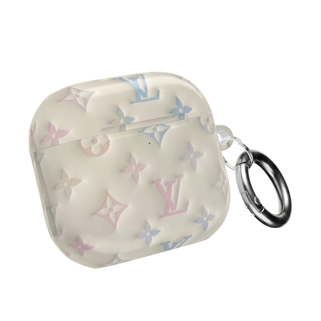 Ivory AirPods case with pastel floral pattern and LV monogram; with metal keyring