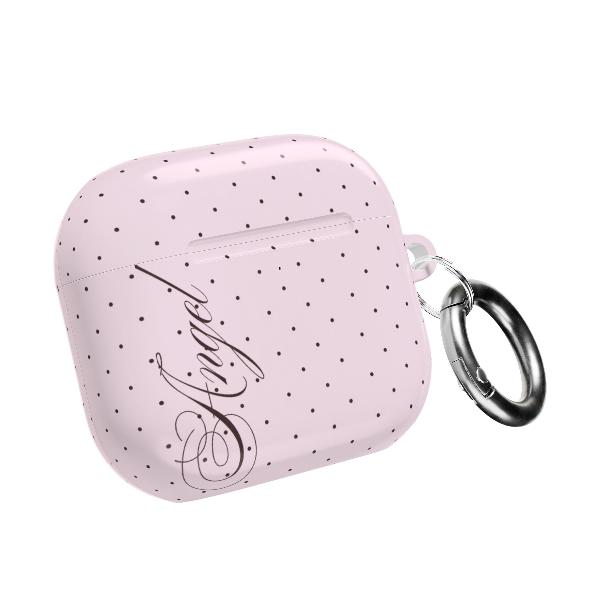 Pink polka dot AirPods case with black script design and metal keyring