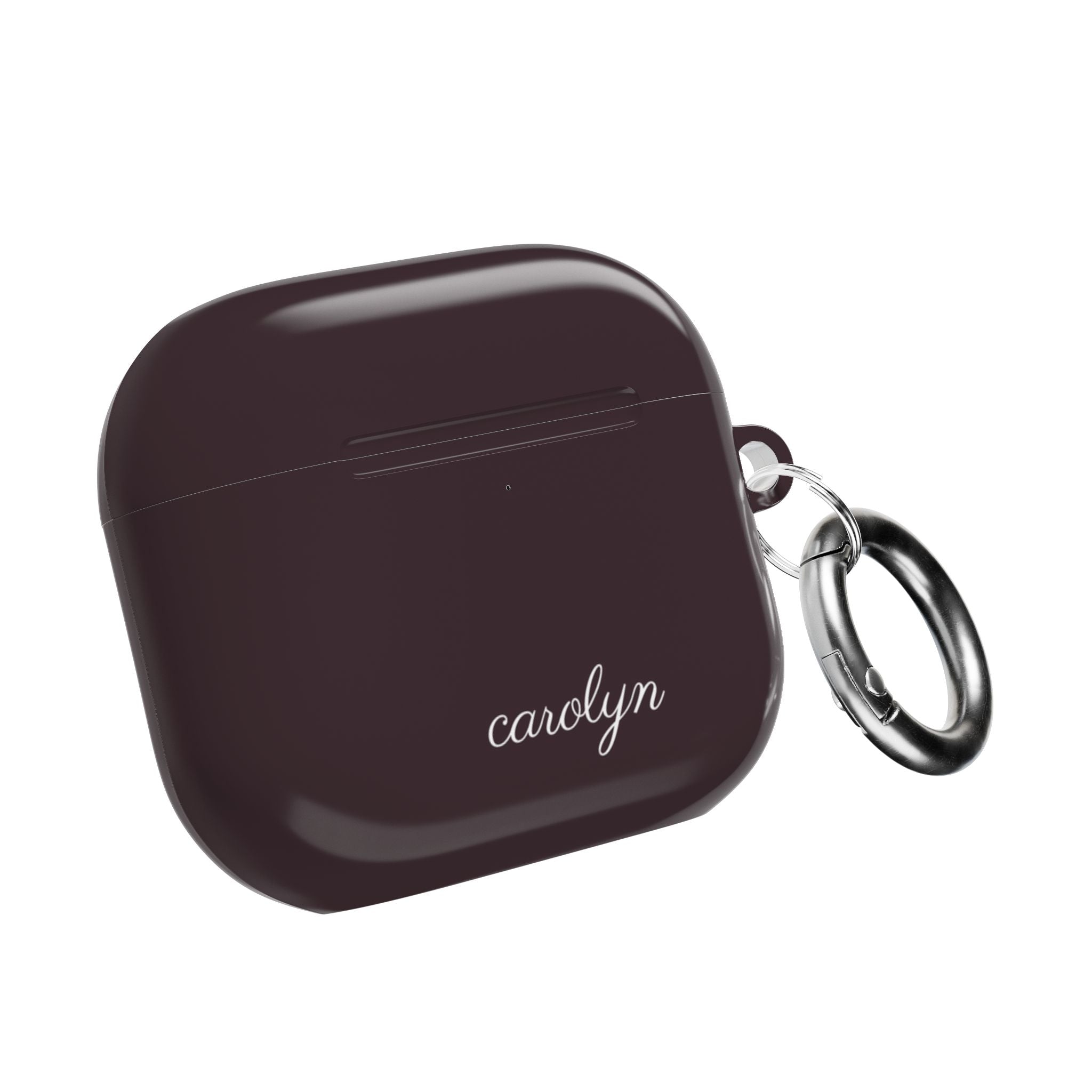 Plum AirPods case with white 'carolyn' name and metal keyring loop