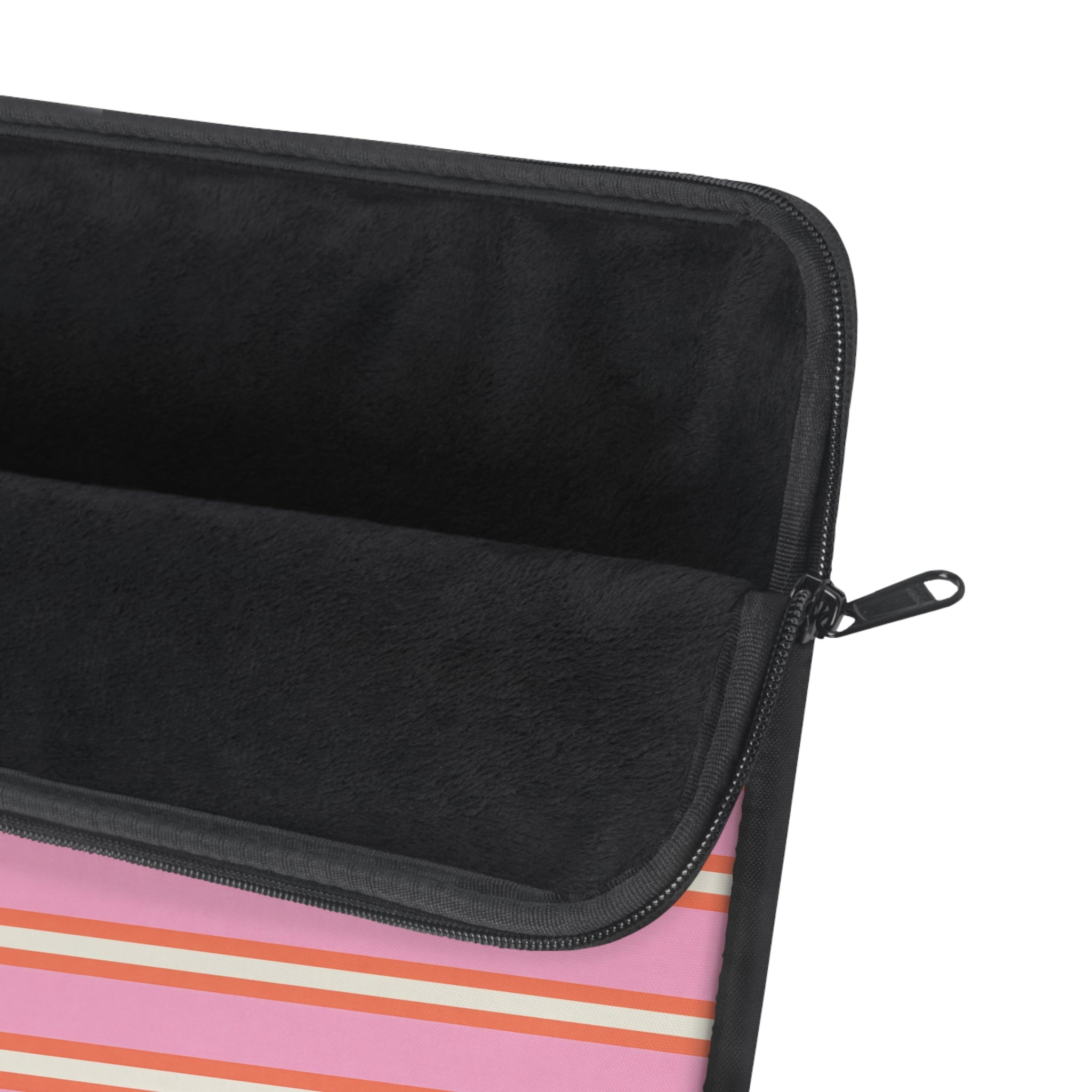Black-lined laptop sleeve with zip opening and zipper pull, showing pink striped panel