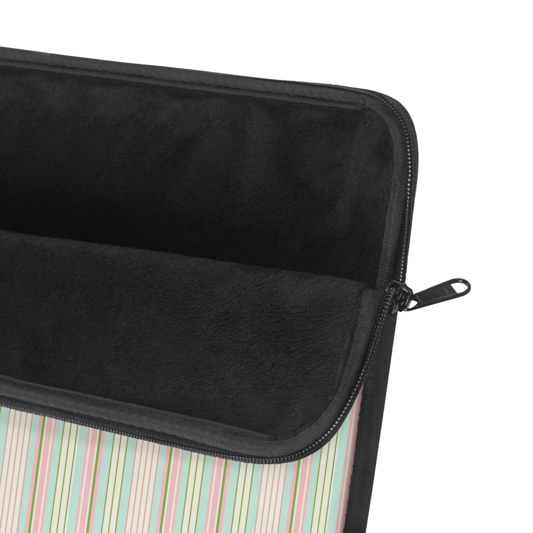 Black-lined sleeve corner with zipper and colorful striped outer fabric