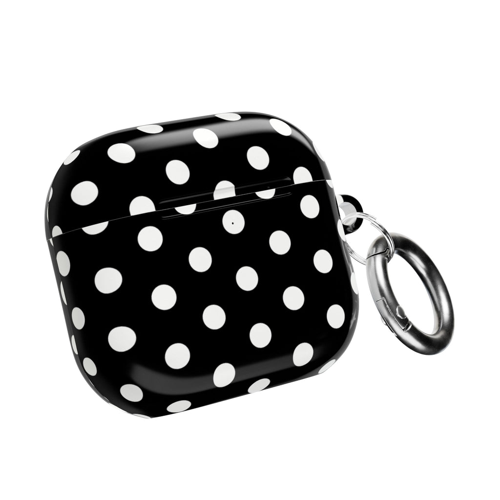 AirPods case with metal keyring, black shell with white polka dots
