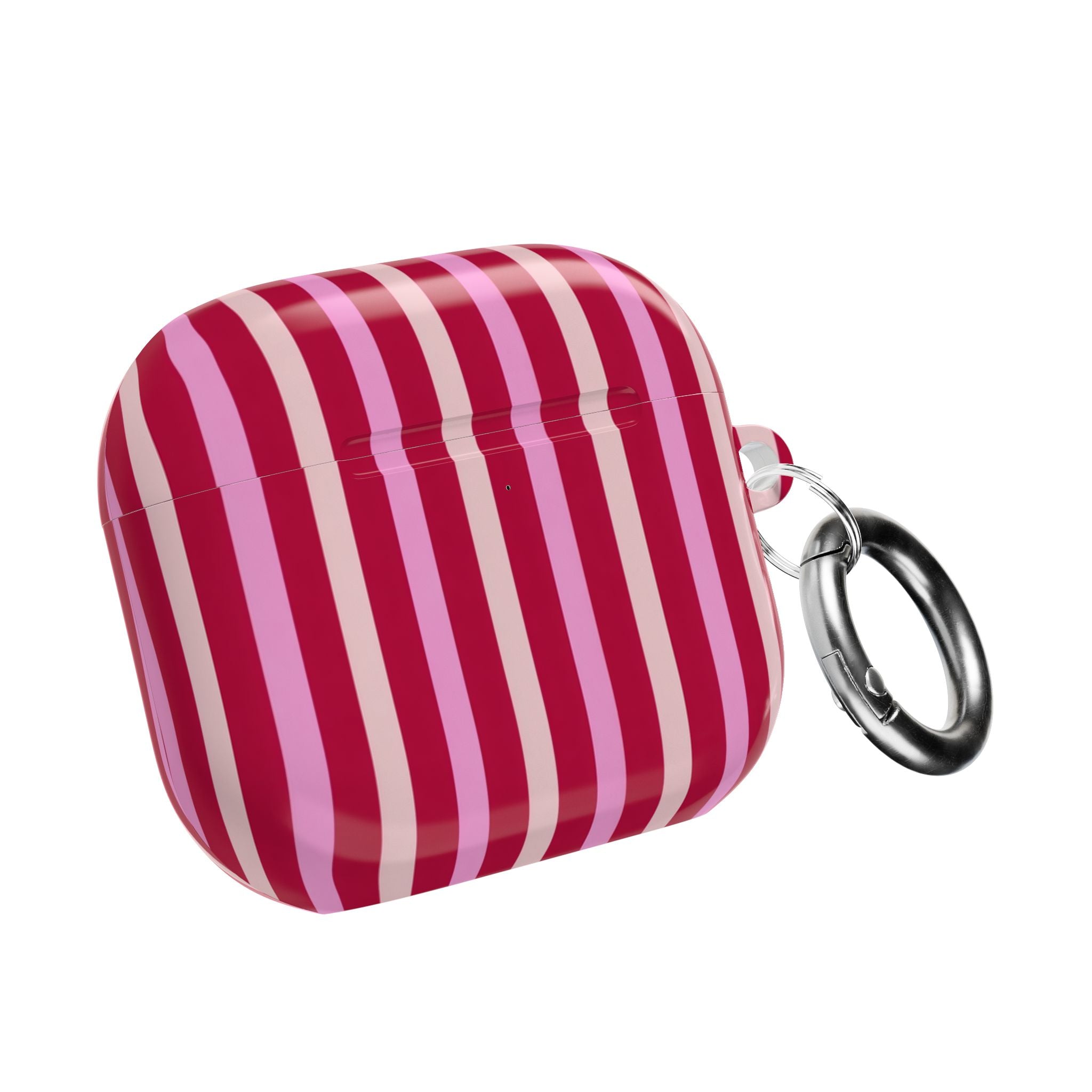 AirPod case with berry-and-blush vertical stripes and metal keyring loop