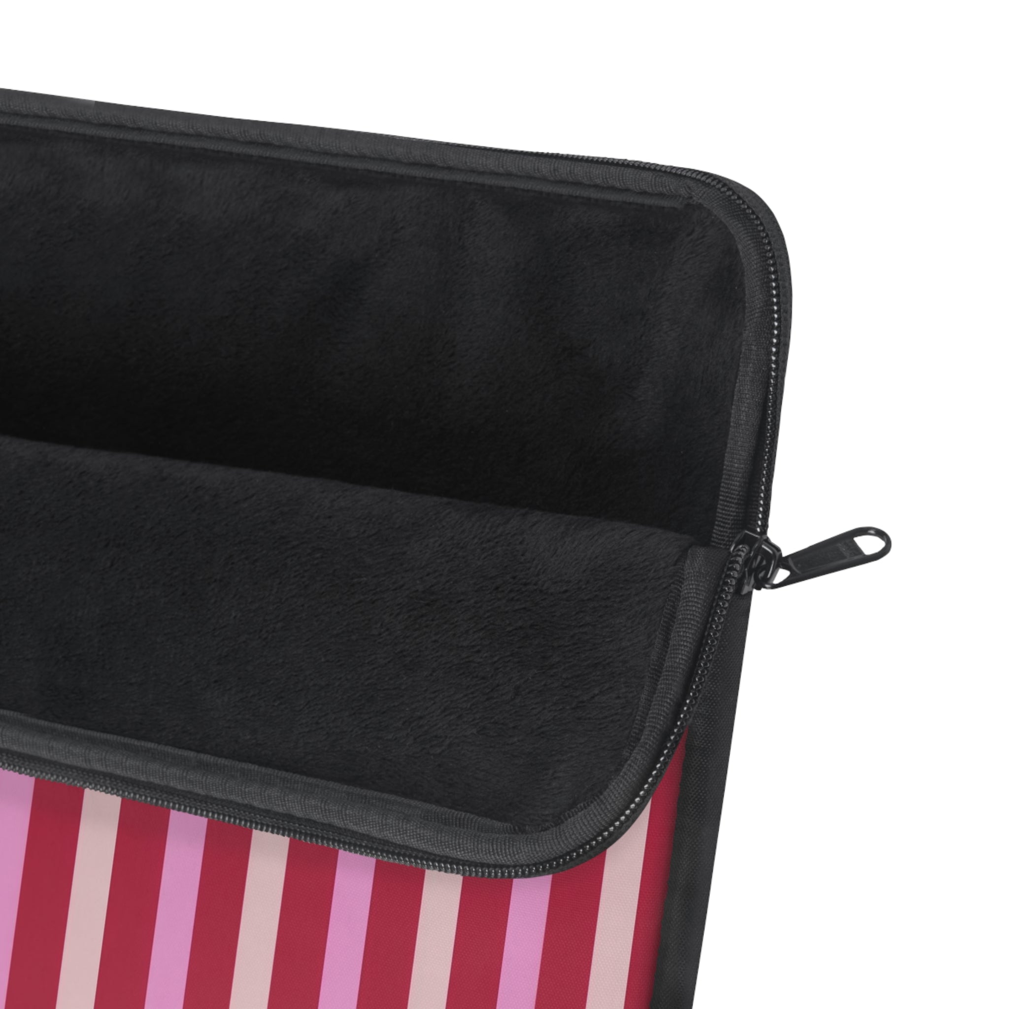 Black interior device sleeve with zipper and pink/red striped outer panel