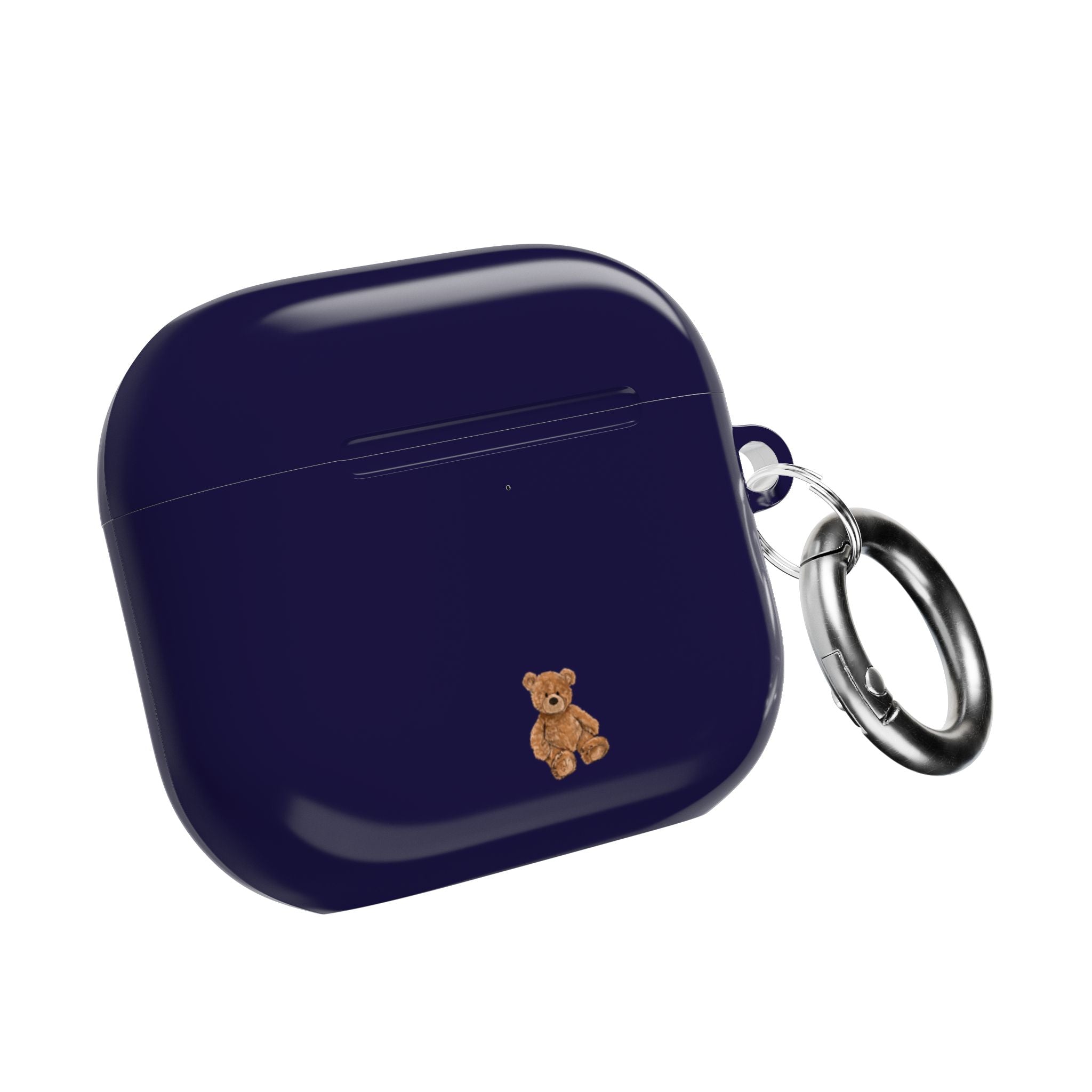 Navy mini AirPod case with teddy bear charm, side keyring and latch detail