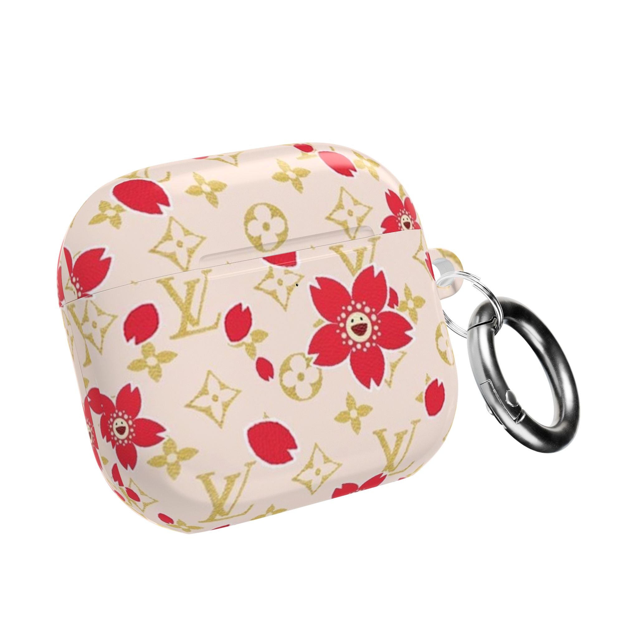 Ivory AirPods case with red flower and LV print, silver keyring attached