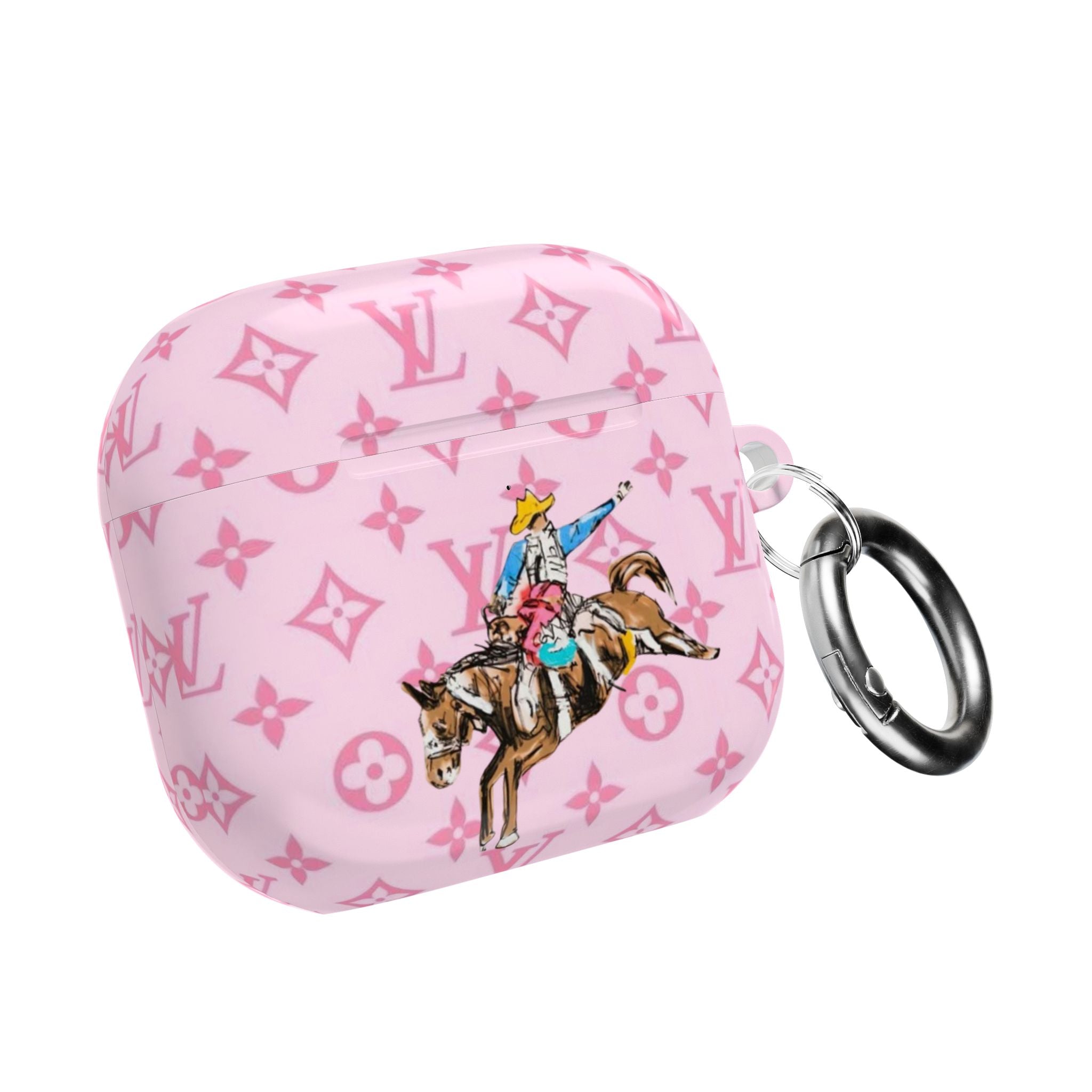 Pink AirPods case with horse cowboy artwork, LV monogram pattern, with metal key ring