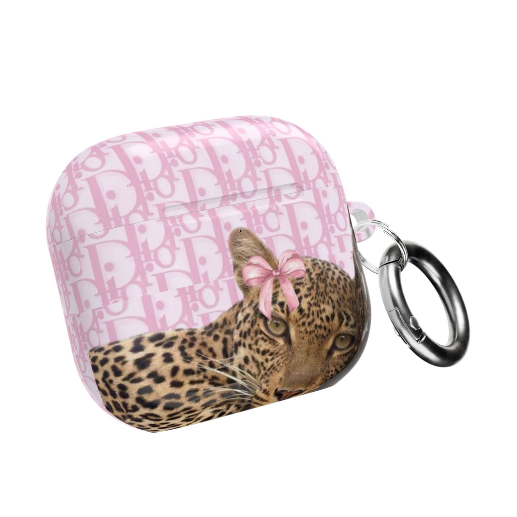 Dior leopard AirPods case in pink, side view with metal keyring