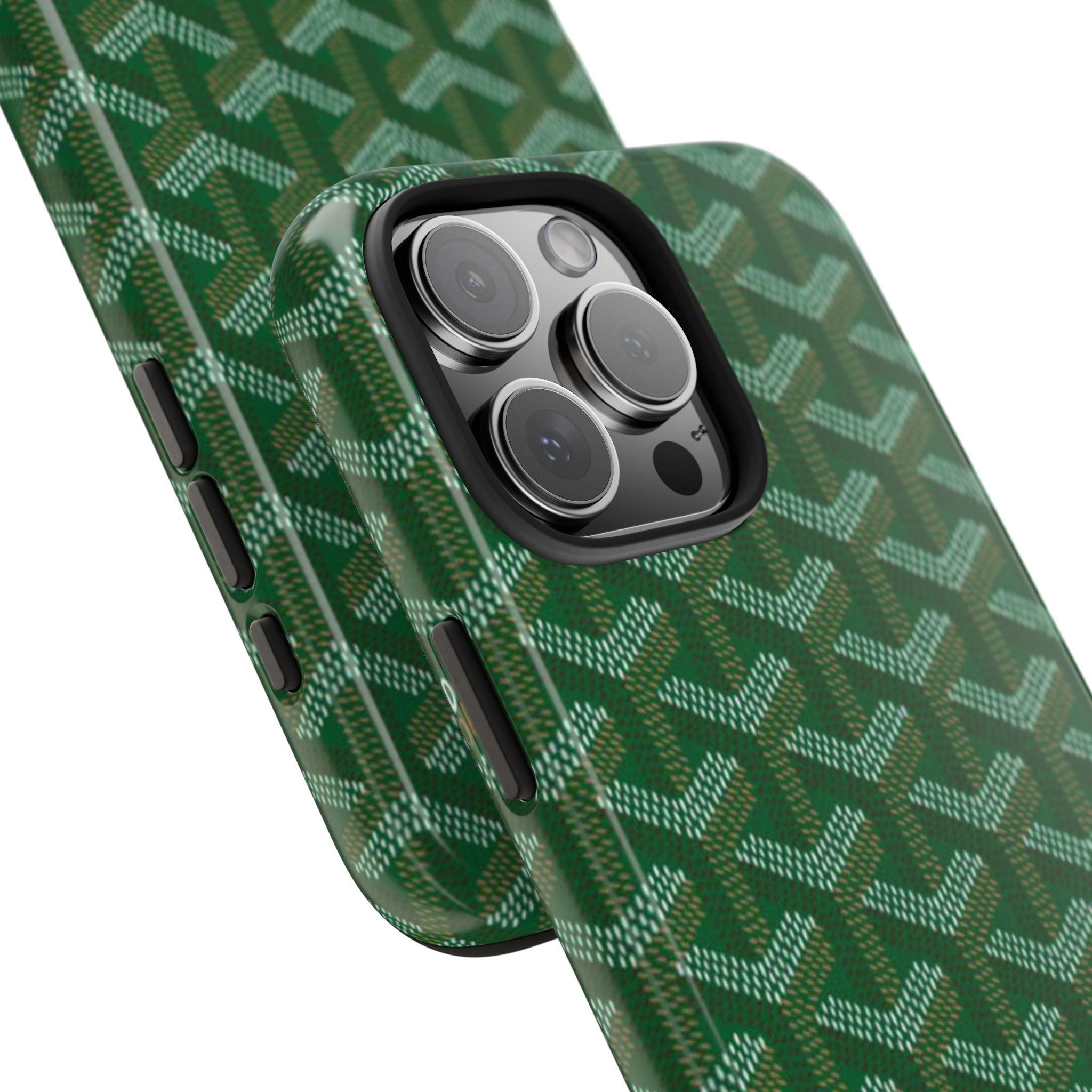 Goyard green phone case close-up, G-pattern with camera lens openings and buttons