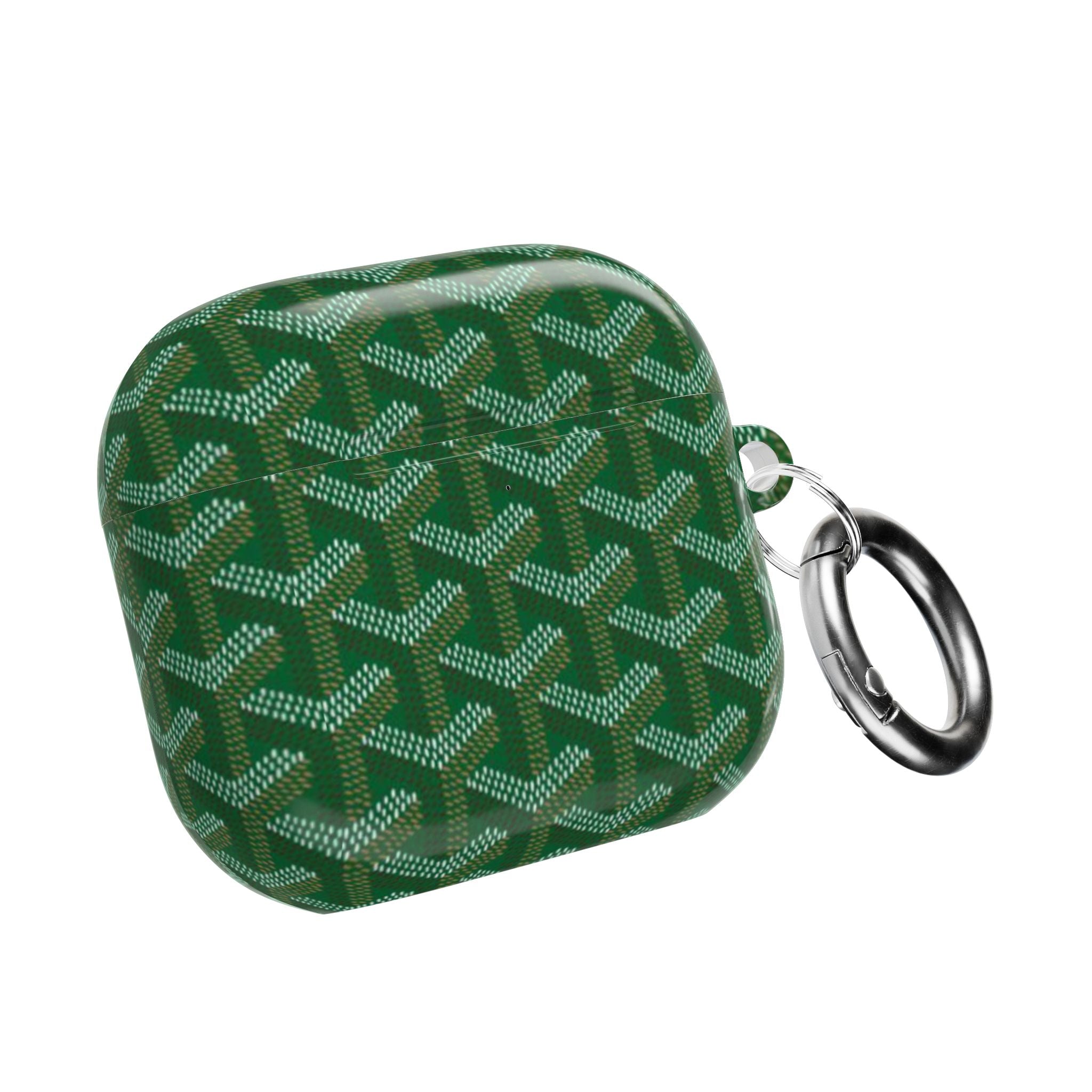 Green AirPods case with geometric pattern, closed lid and metal key ring