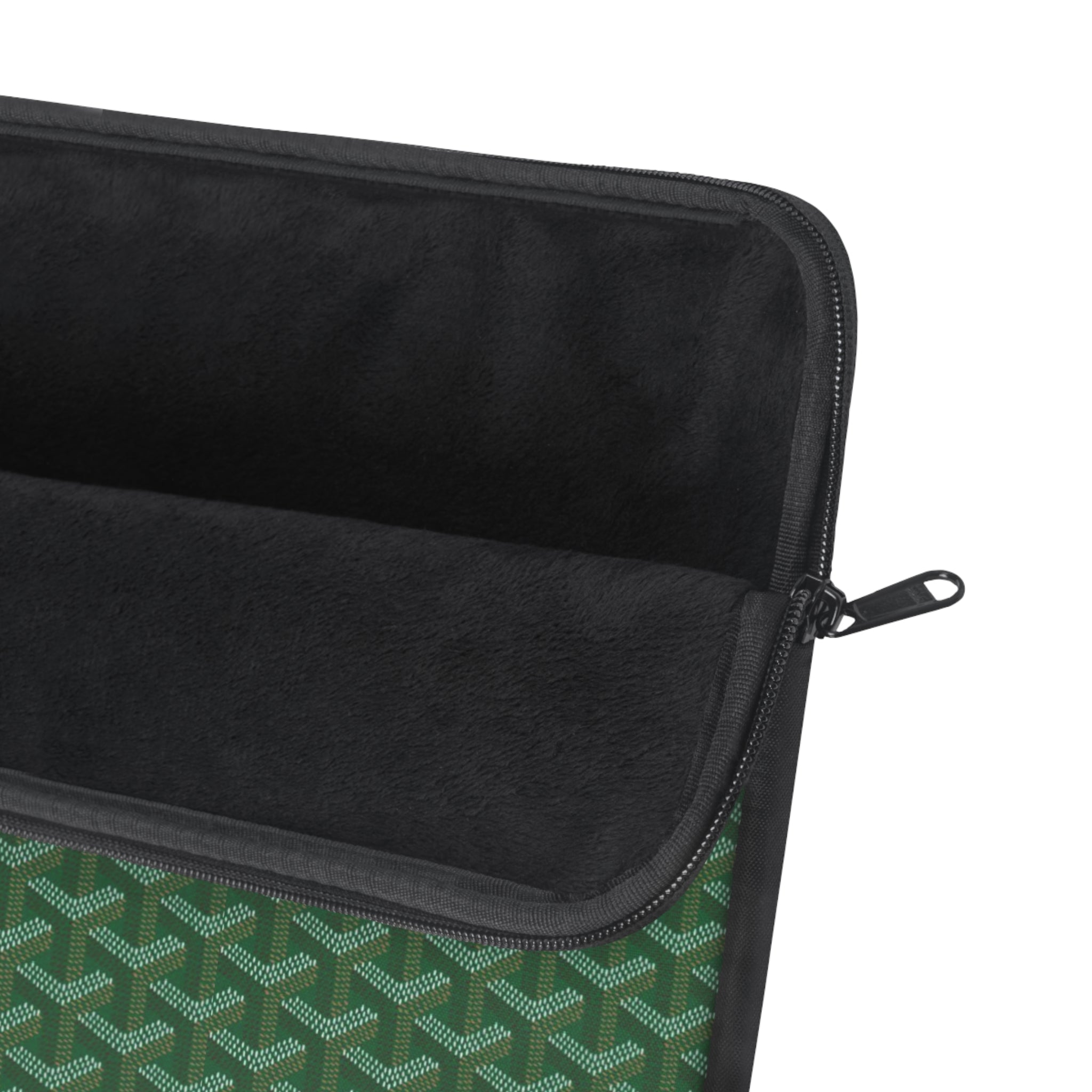 Green patterned sleeve with zipper and dark interior lining