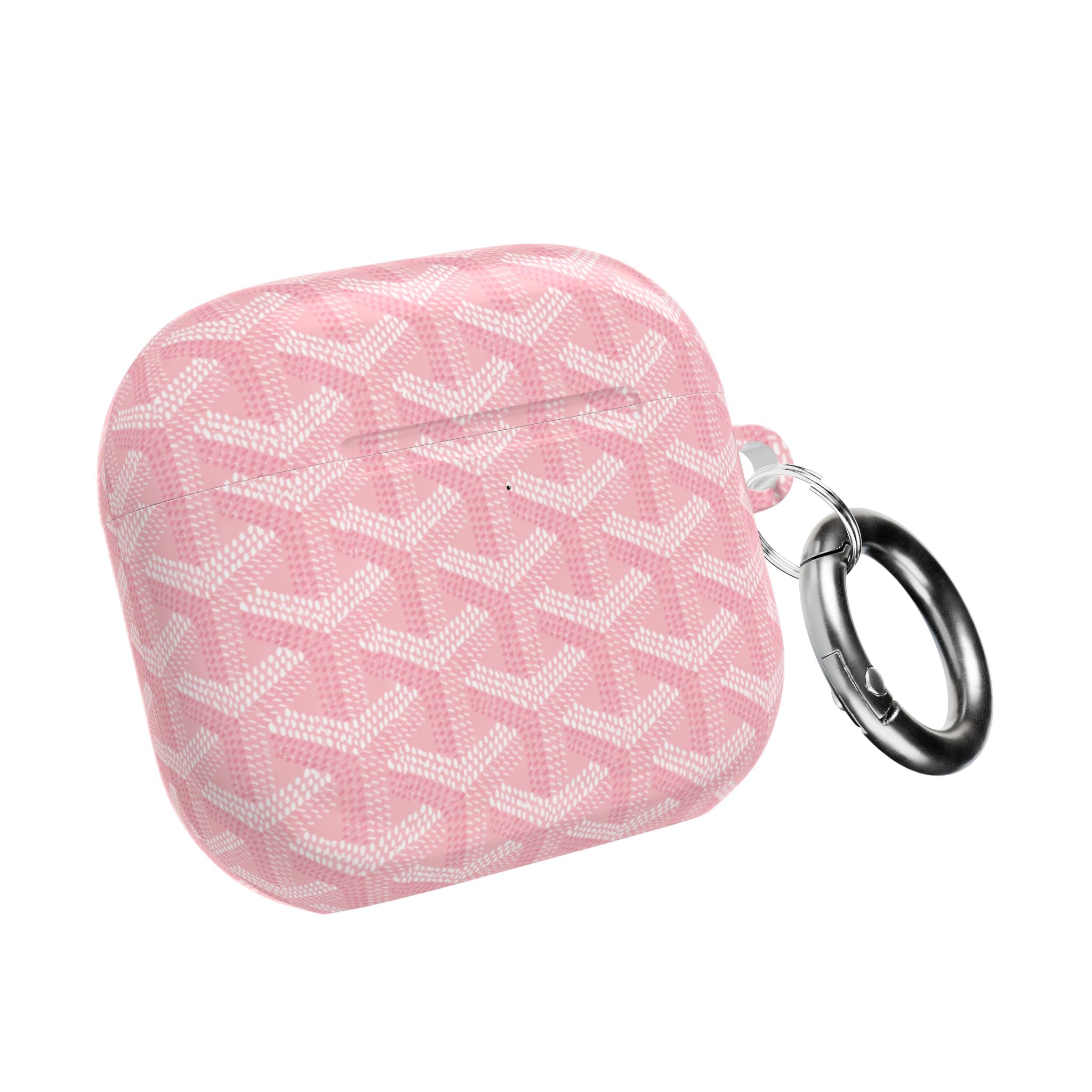Pink AirPod case with white Goyard pattern, metal keyring attached on side
