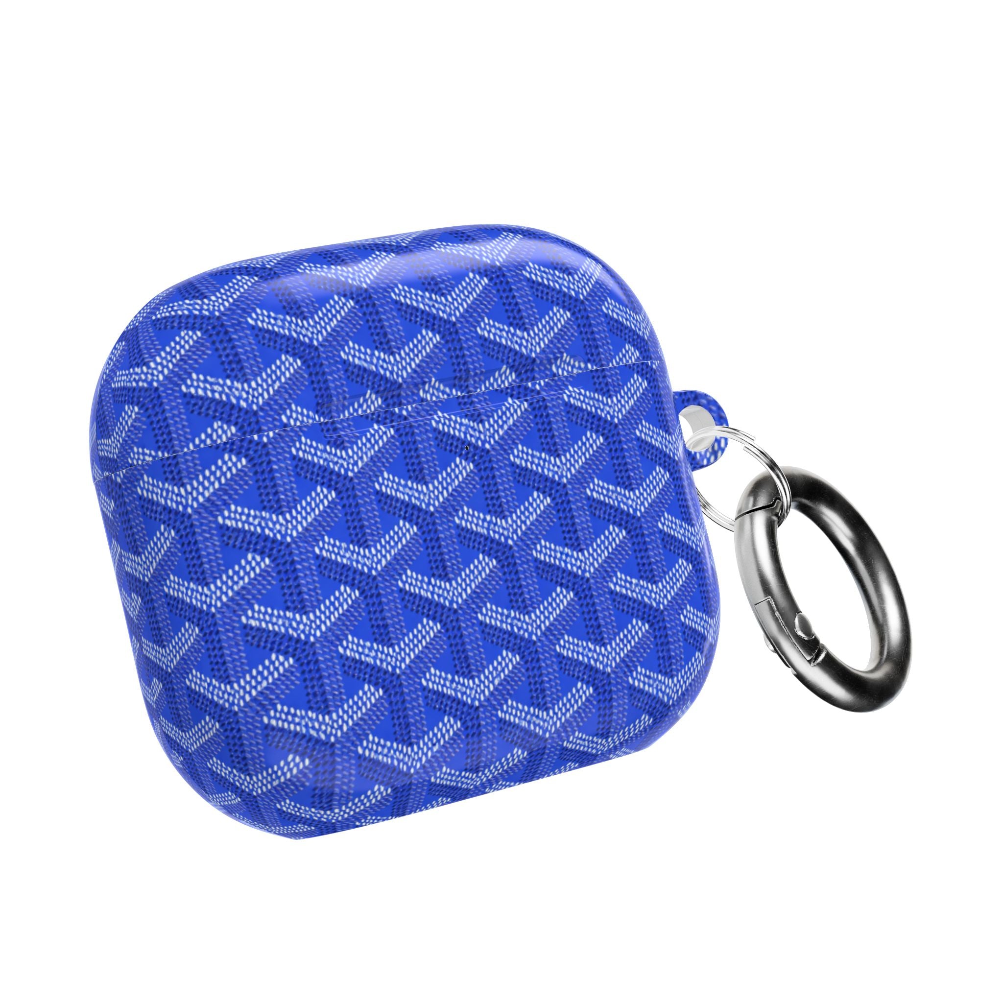 Goyard AirPods case, royal blue with white pattern, closed with metal keyring