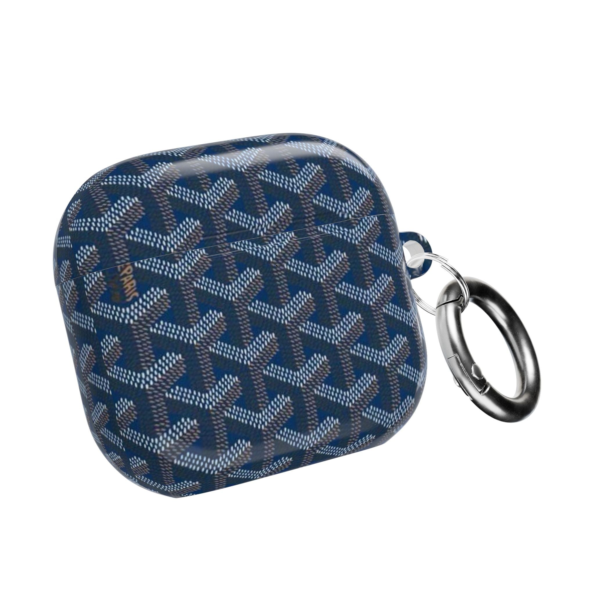 AirPods case, dark blue Goyard patterned with metal keyring and closed lid