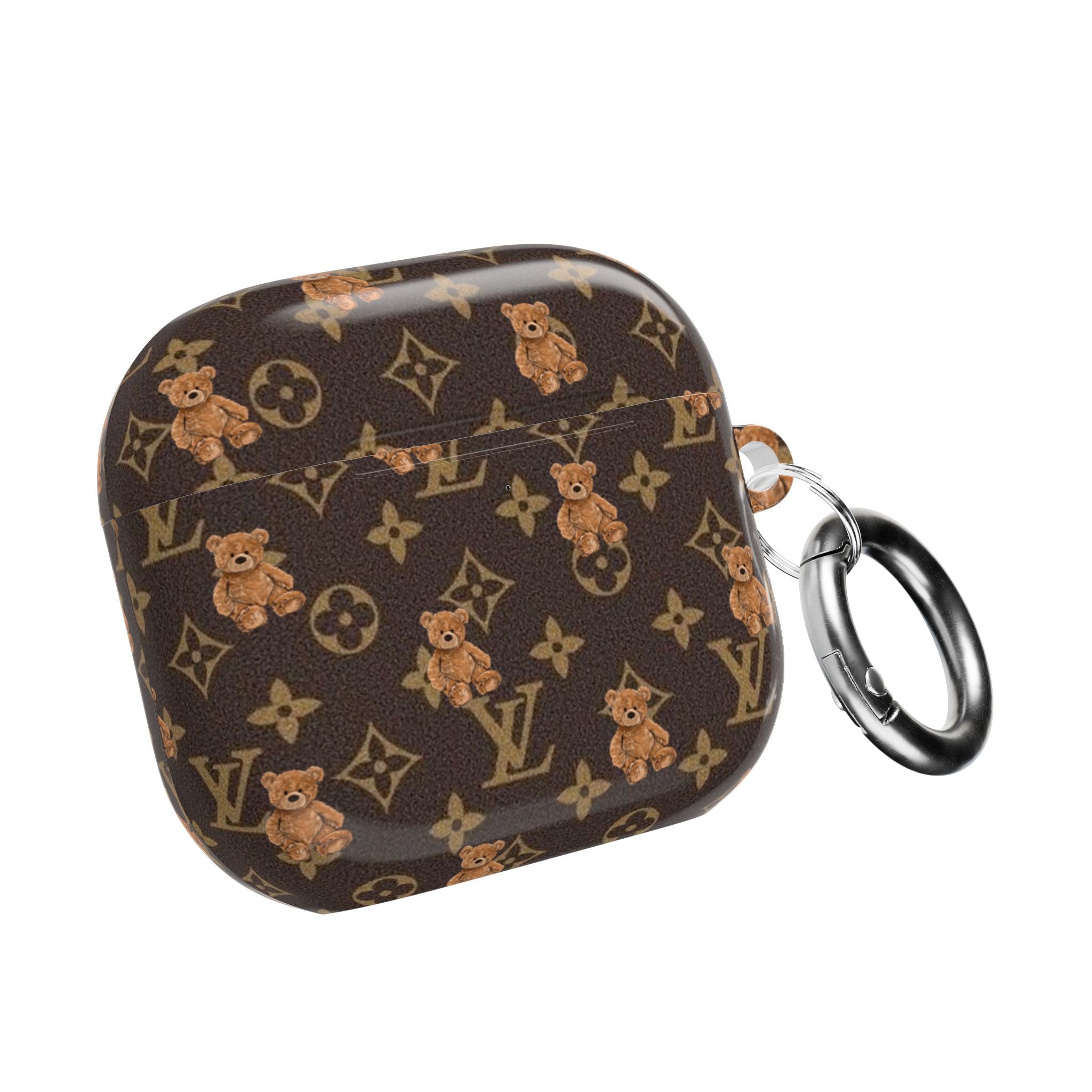 LV monogram teddy bear AirPods case with metal carabiner ring