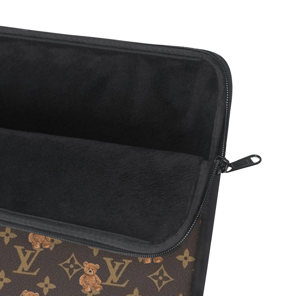 Laptop sleeve corner with zipper, black interior lining, dark brown LV monogram teddy print
