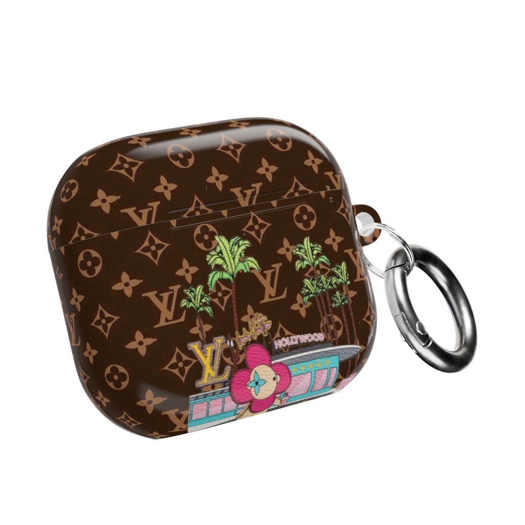 LV Hollywood AirPod case, brown monogram with colorful Hollywood patch and carabiner