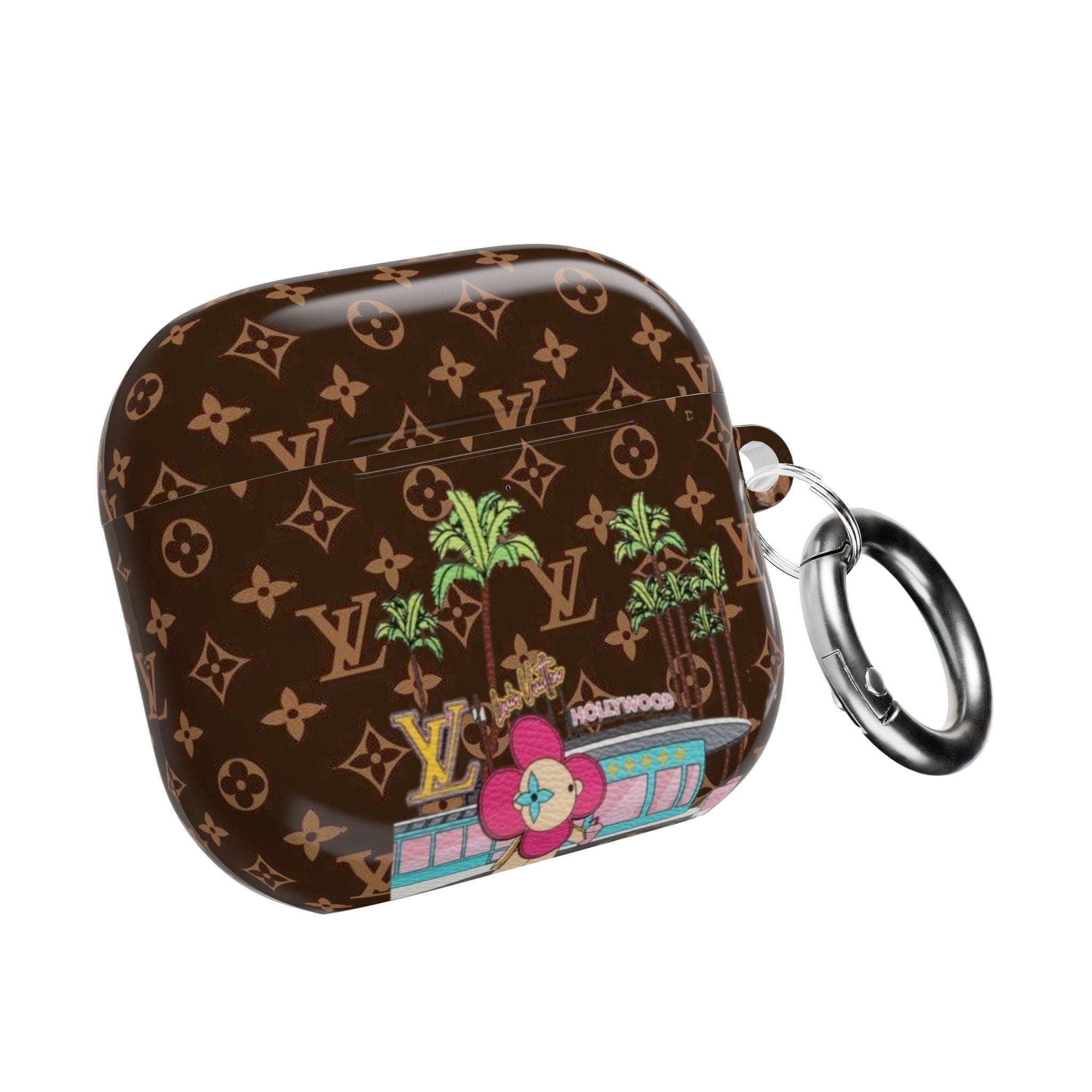 LV Hollywood AirPod case, brown monogram with colorful Hollywood patch and carabiner