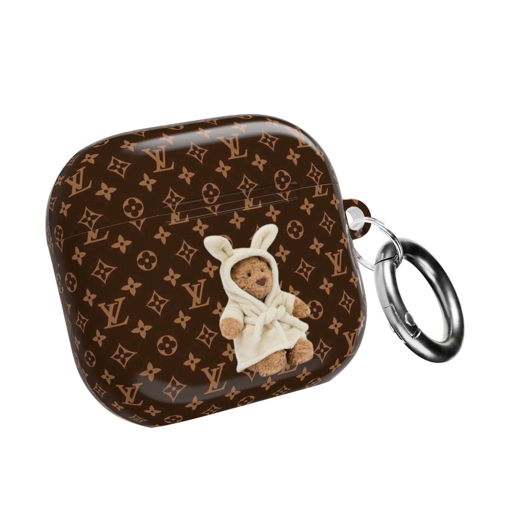 LV monogram AirPods case with teddy bear applique and metal carabiner key ring